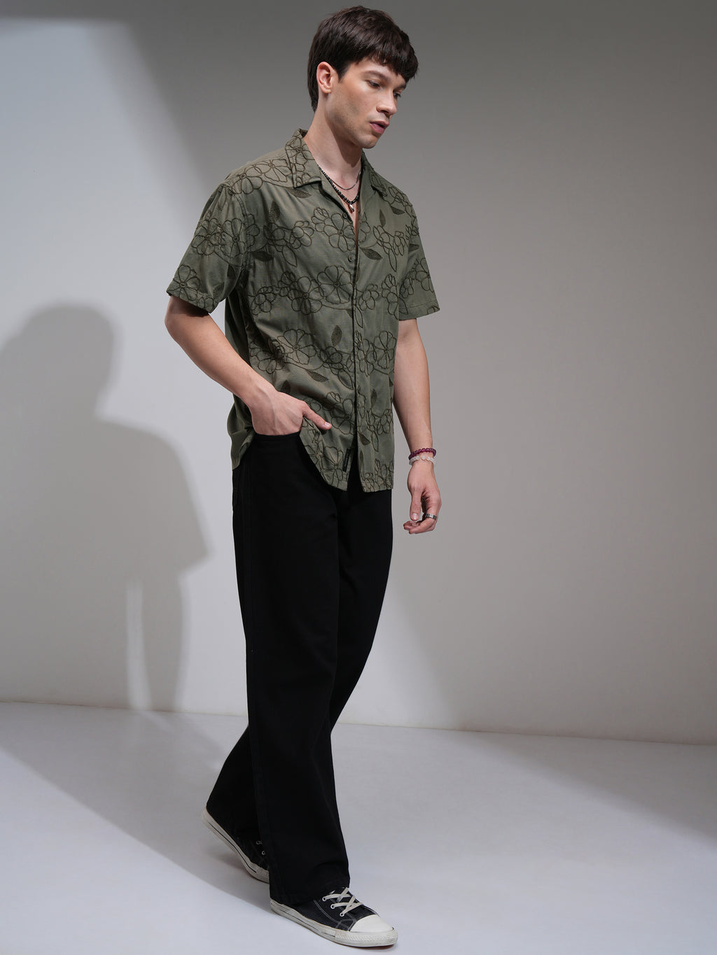 Highlander Men Olive Embroidered Relaxed Fit Casual Shirt - Olive - Image 2