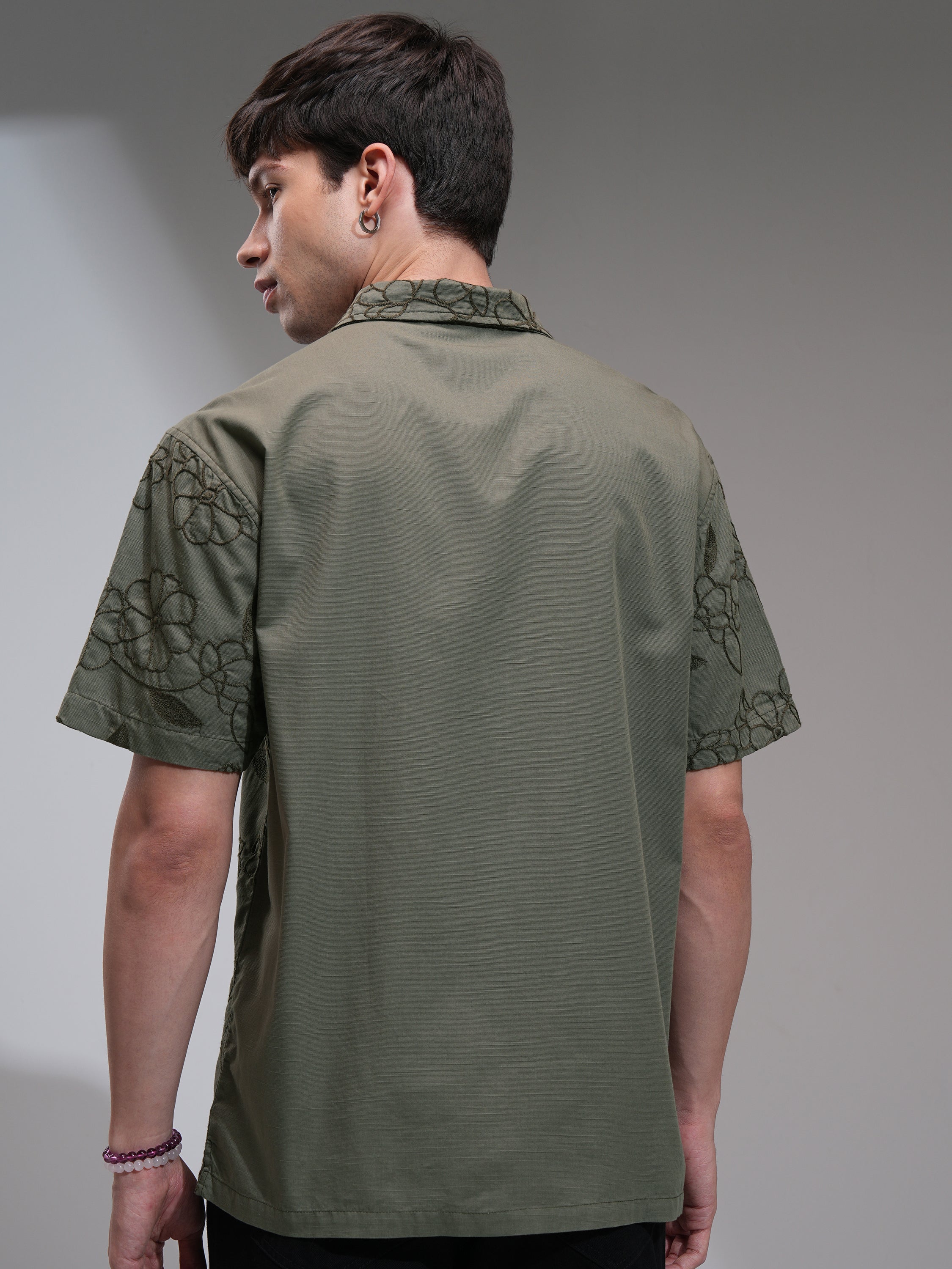 Highlander Men Olive Embroidered Relaxed Fit Casual Shirt - Olive - Image 3