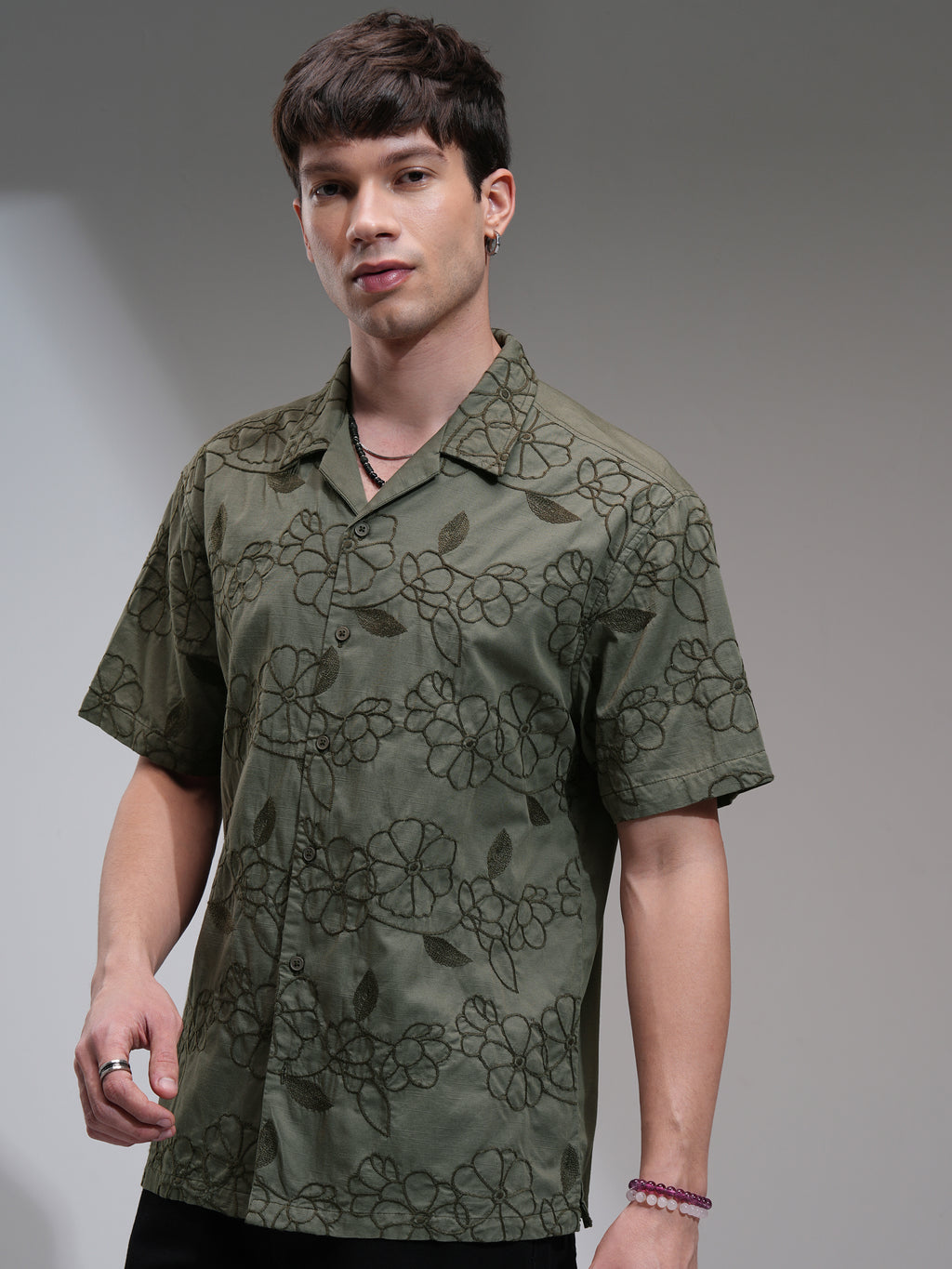 Highlander Men Olive Embroidered Relaxed Fit Casual Shirt - Olive - Image 4