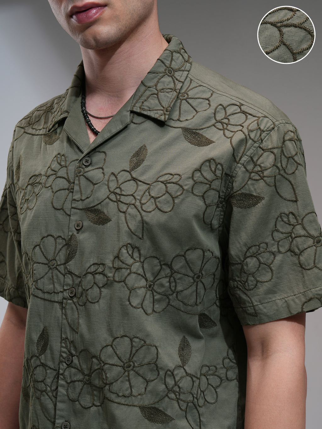 Highlander Men Olive Embroidered Relaxed Fit Casual Shirt - Olive - Image 5