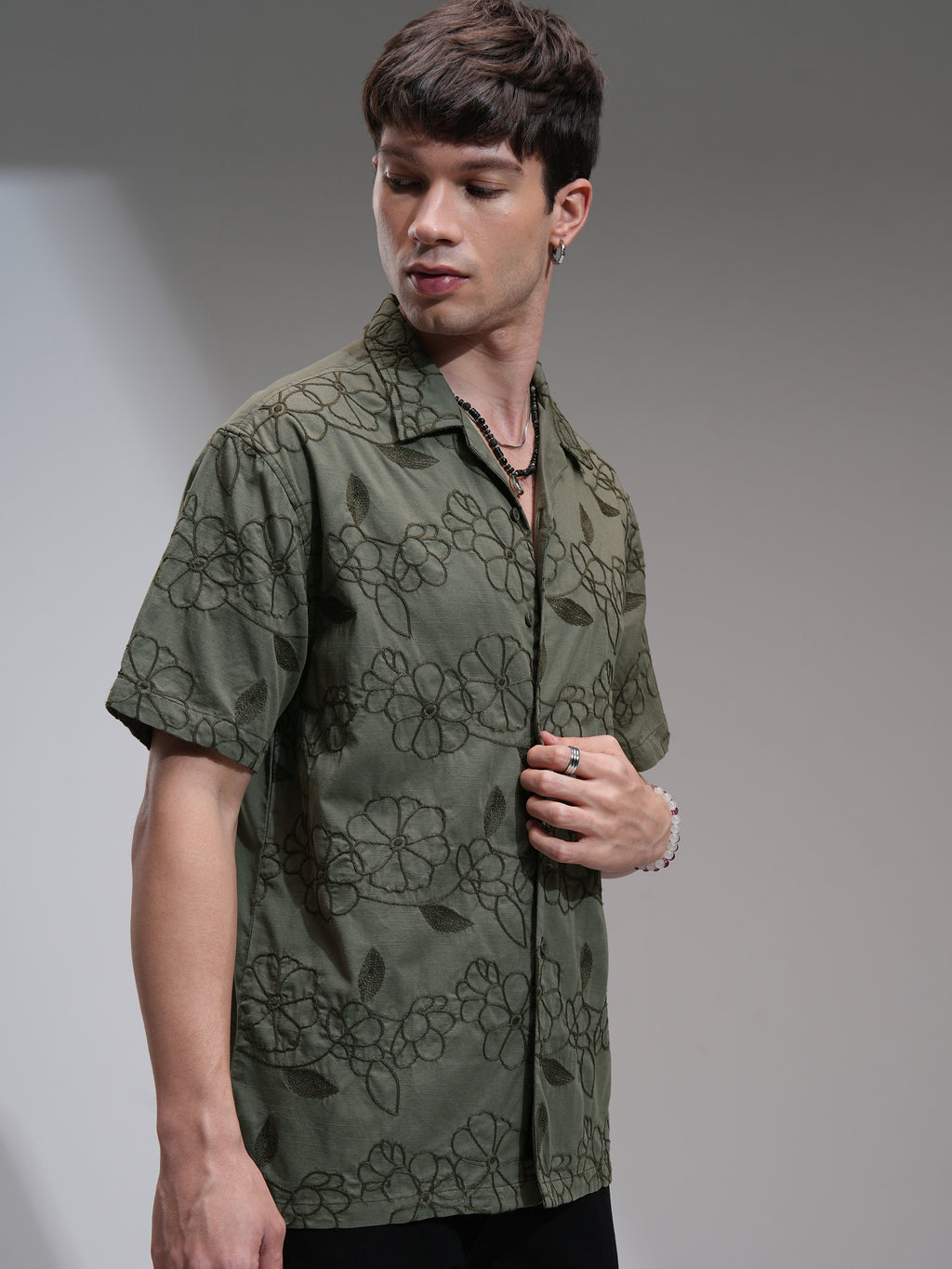 Highlander Men Olive Embroidered Relaxed Fit Casual Shirt - Olive - Image 6