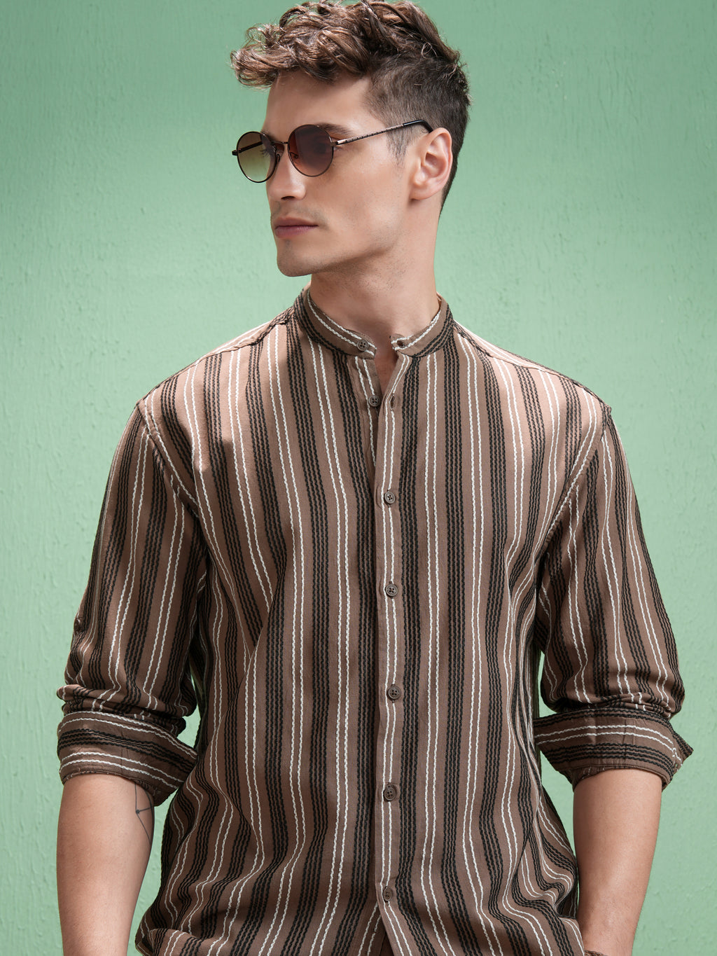 Highlander Men Brown Striped Relaxed Fit Casual Shirt - Brown - Image 1