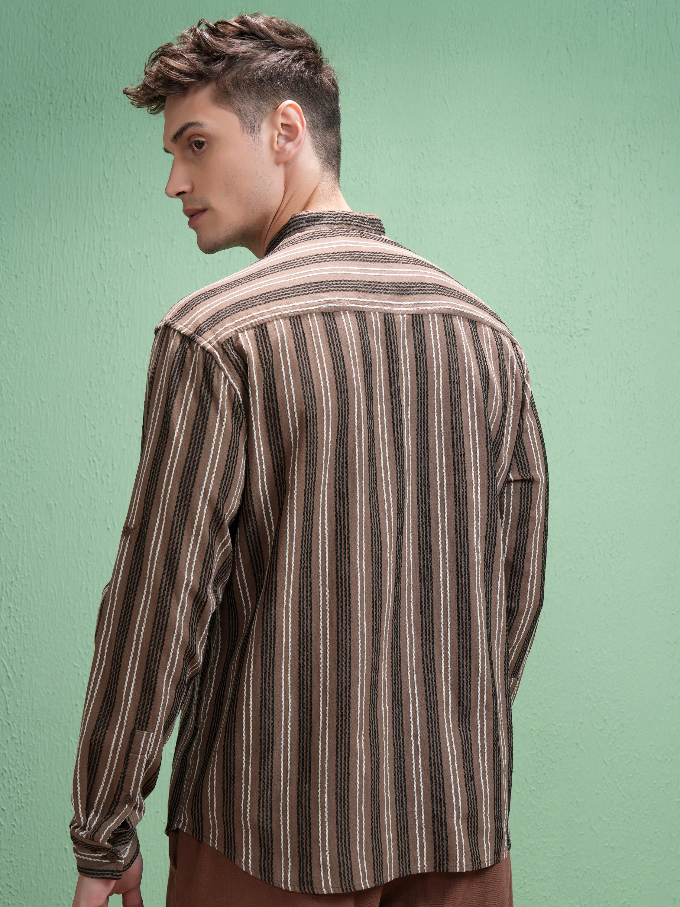 Highlander Men Brown Striped Relaxed Fit Casual Shirt - Brown - Image 3