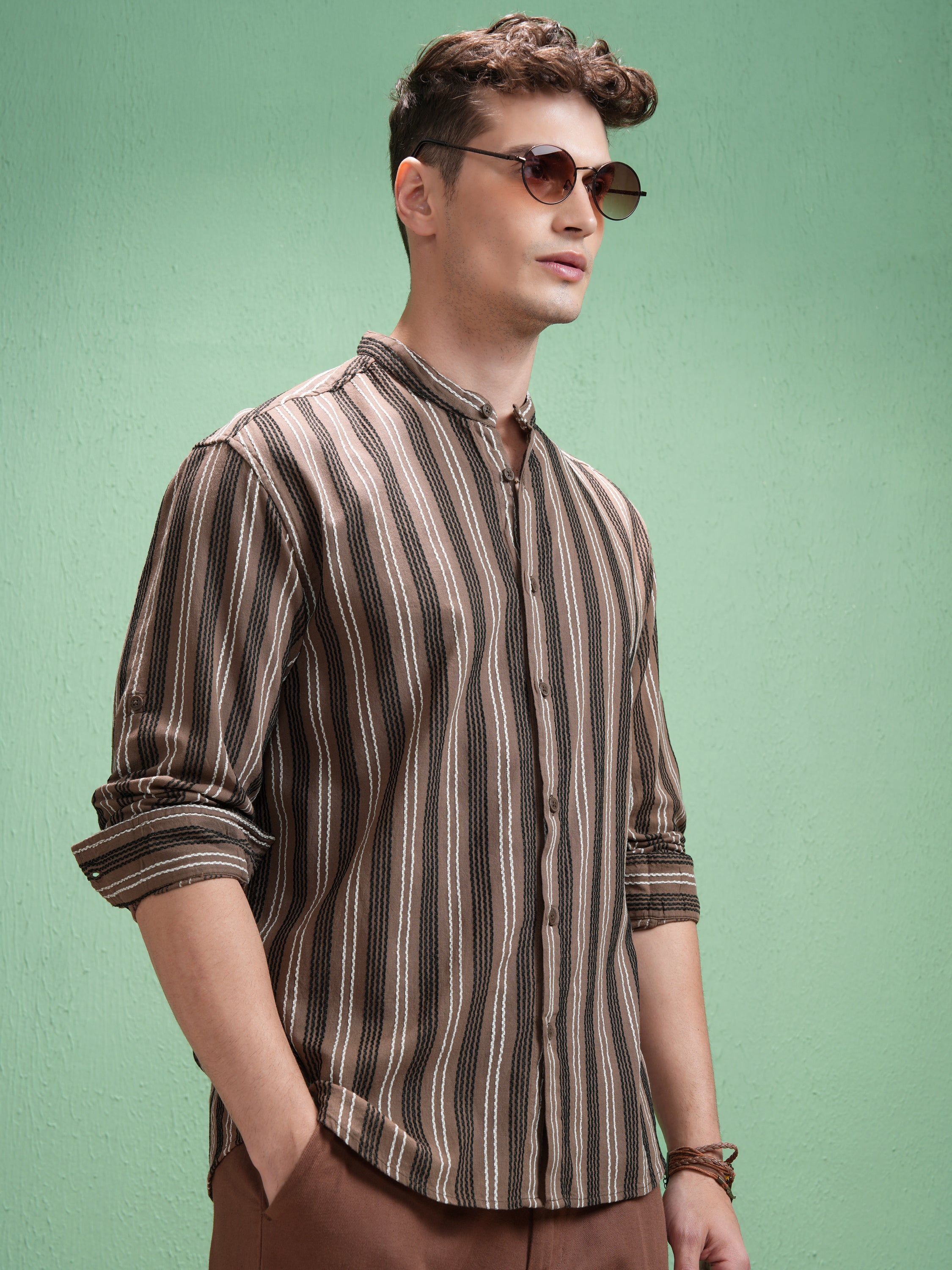 Highlander Men Brown Striped Relaxed Fit Casual Shirt - Brown - Image 6