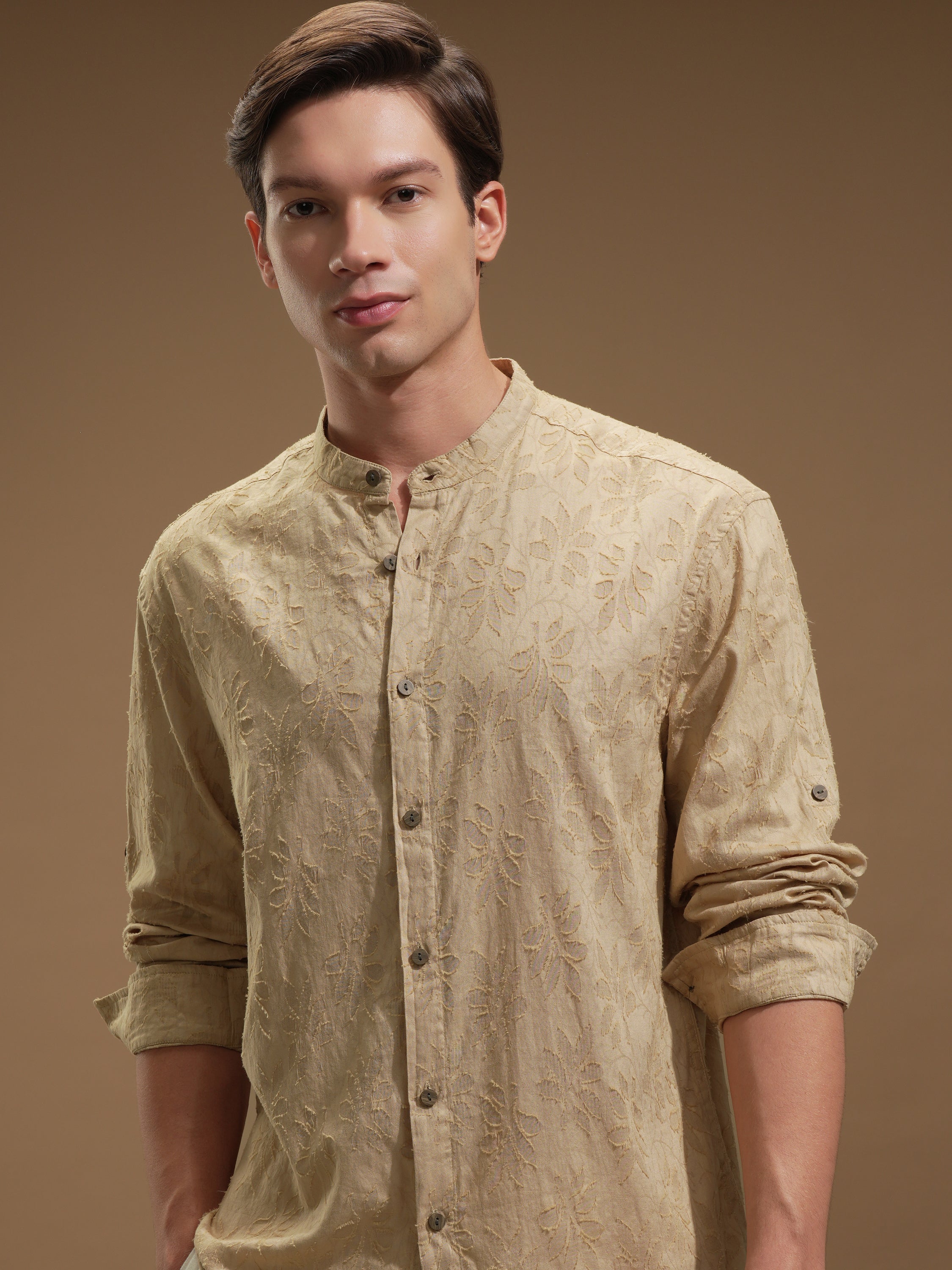 Highlander Men Beige Self Design Relaxed Fit Casual Shirt - Beige - Image 1