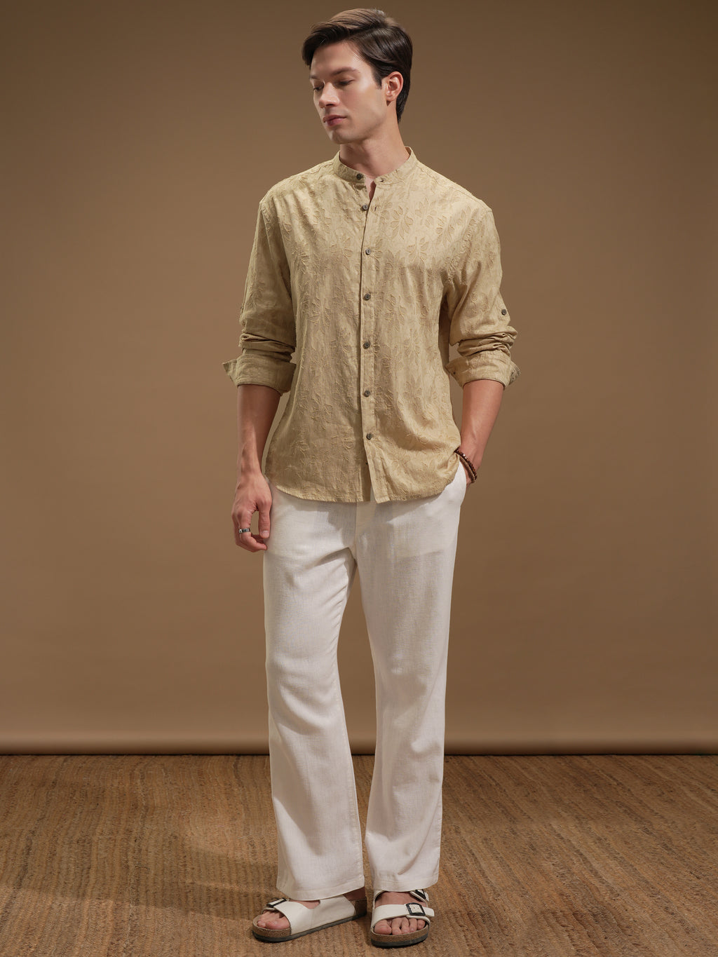 Highlander Men Beige Self Design Relaxed Fit Casual Shirt - Beige - Image 2
