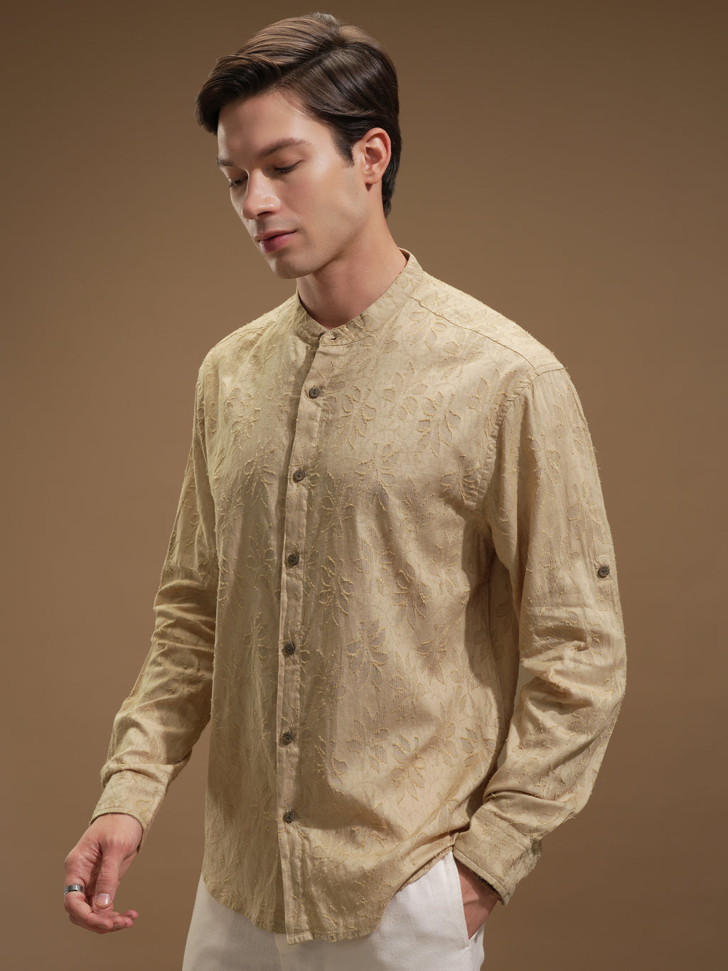 Highlander Men Beige Self Design Relaxed Fit Casual Shirt - Beige - Image 4