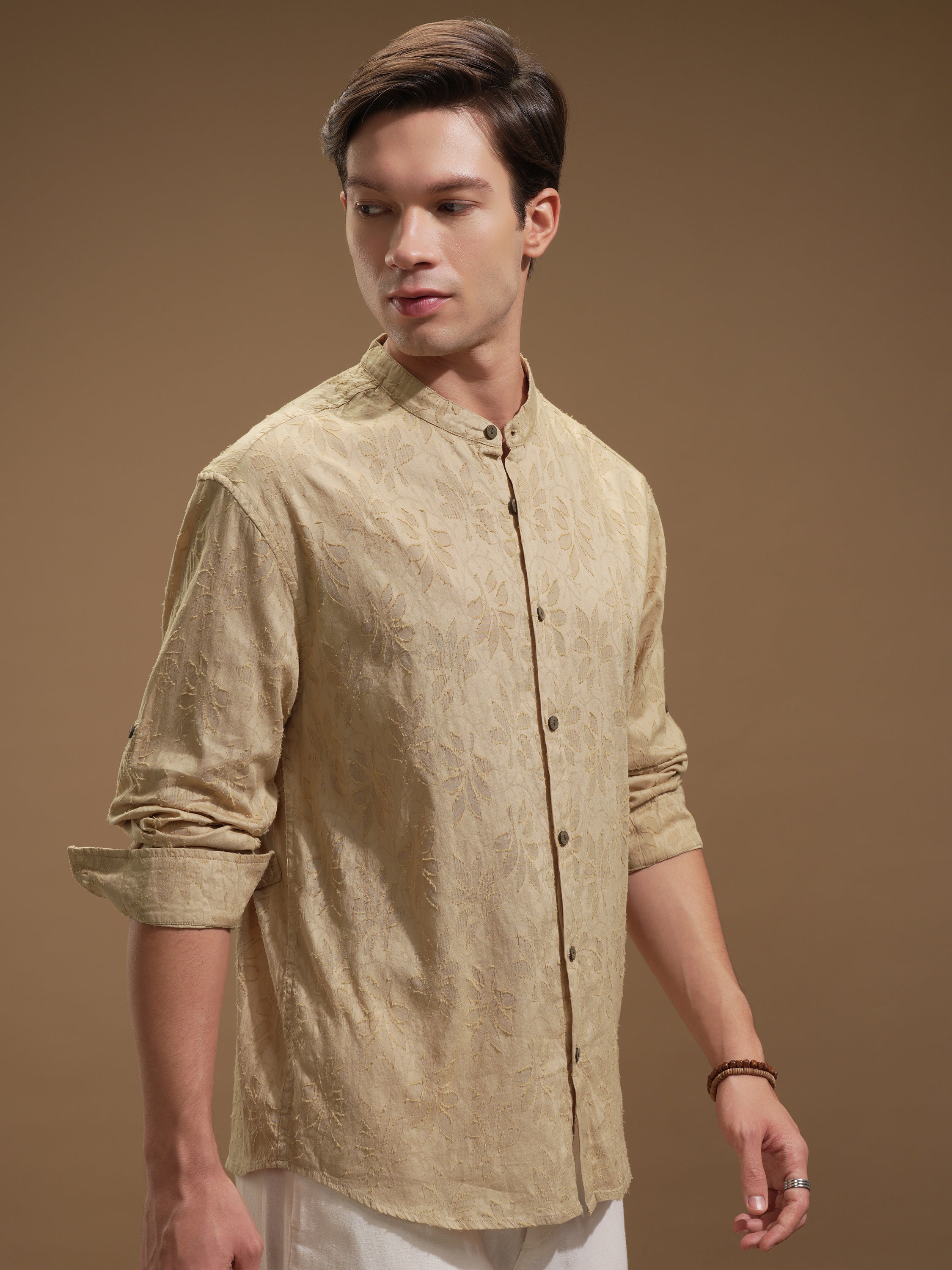 Highlander Men Beige Self Design Relaxed Fit Casual Shirt - Beige - Image 6