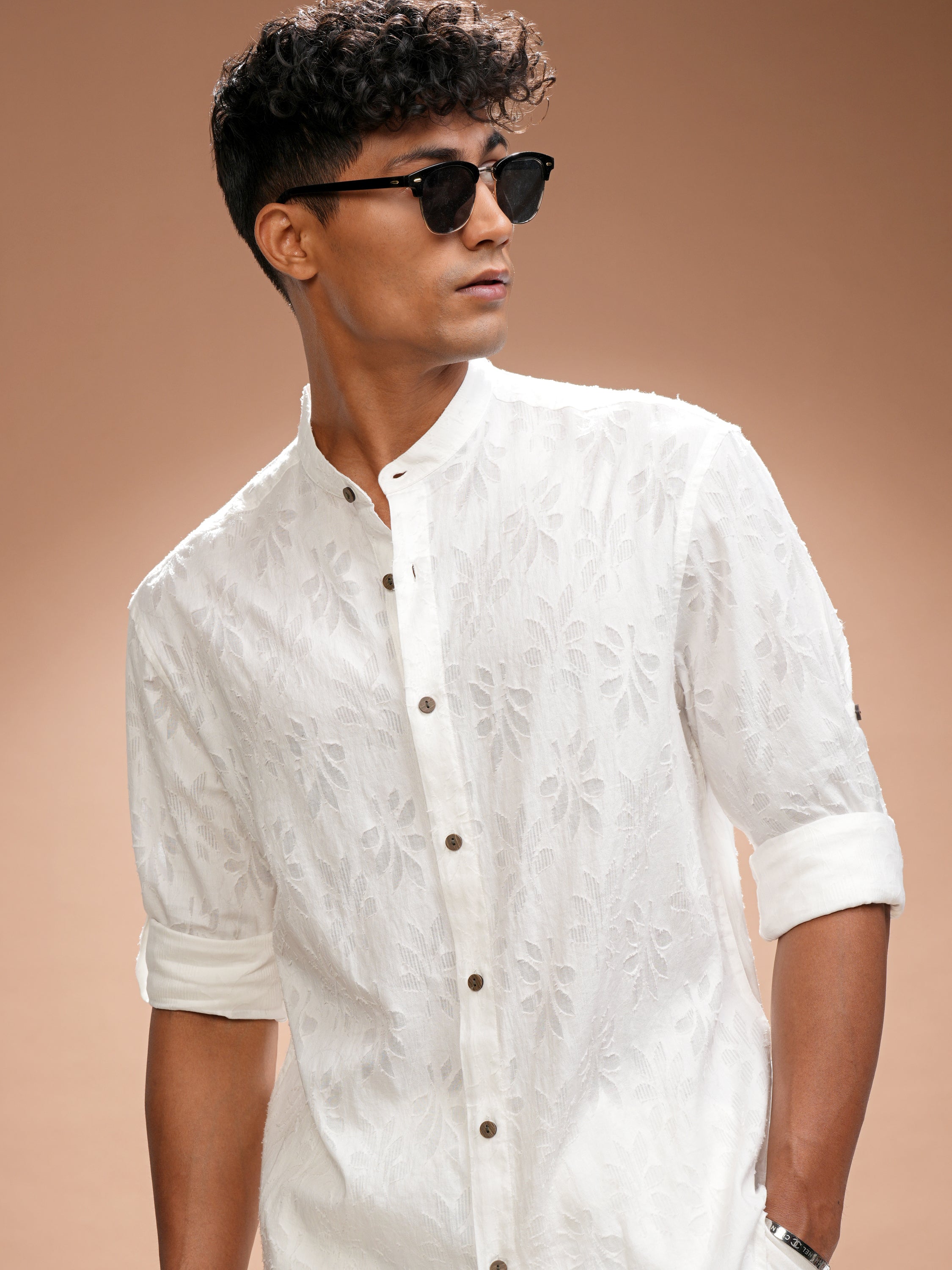 Highlander Men White Self Design Relaxed Fit Casual Shirt - White - Image 1