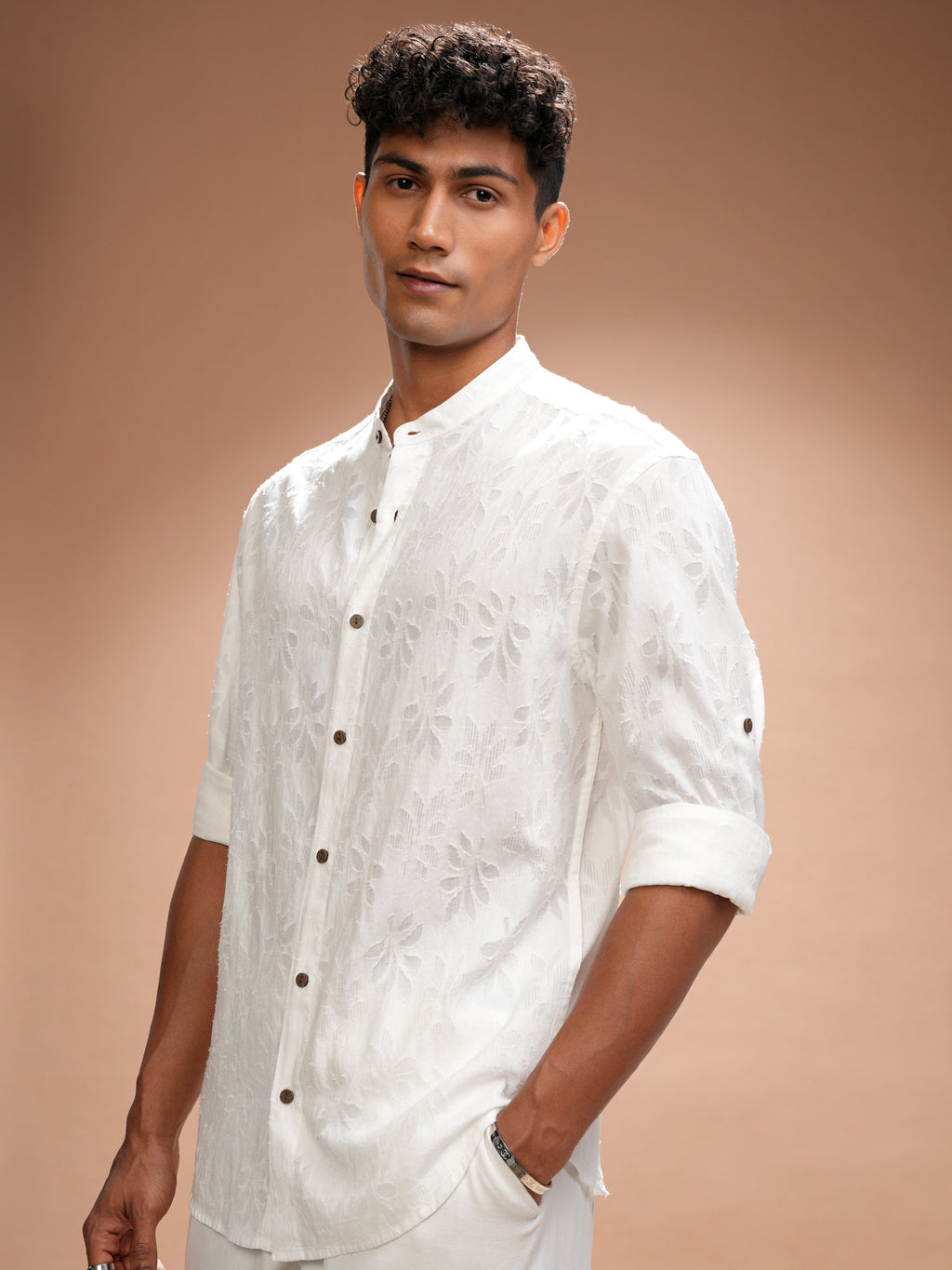 Highlander Men White Self Design Relaxed Fit Casual Shirt - White - Image 4