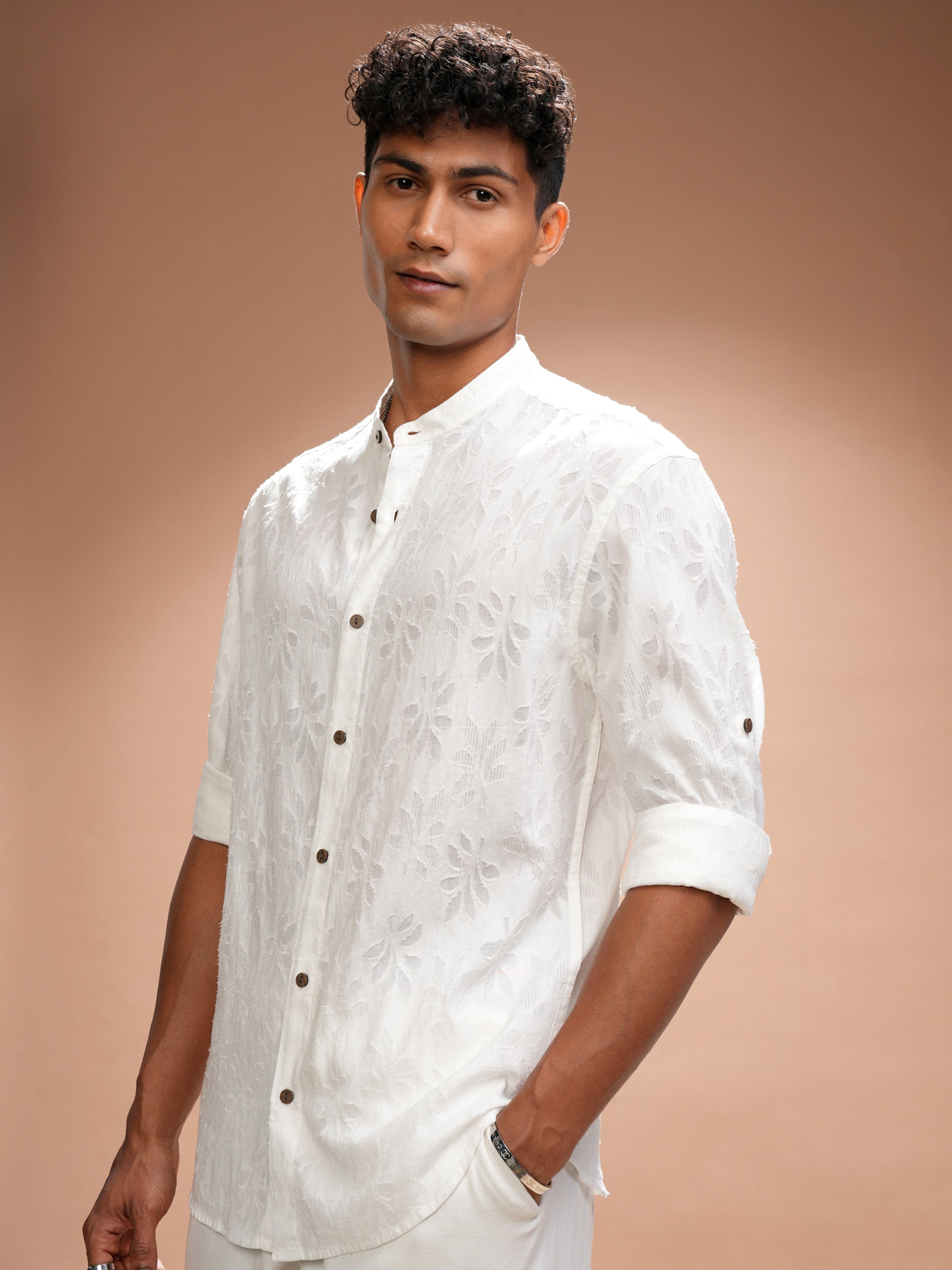 Highlander Men White Self Design Relaxed Fit Casual Shirt - White - Image 4