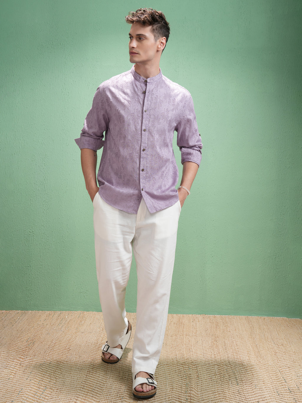 Highlander Men Lavender Self Design Relaxed Fit Casual Shirt - Lavender - Image 2