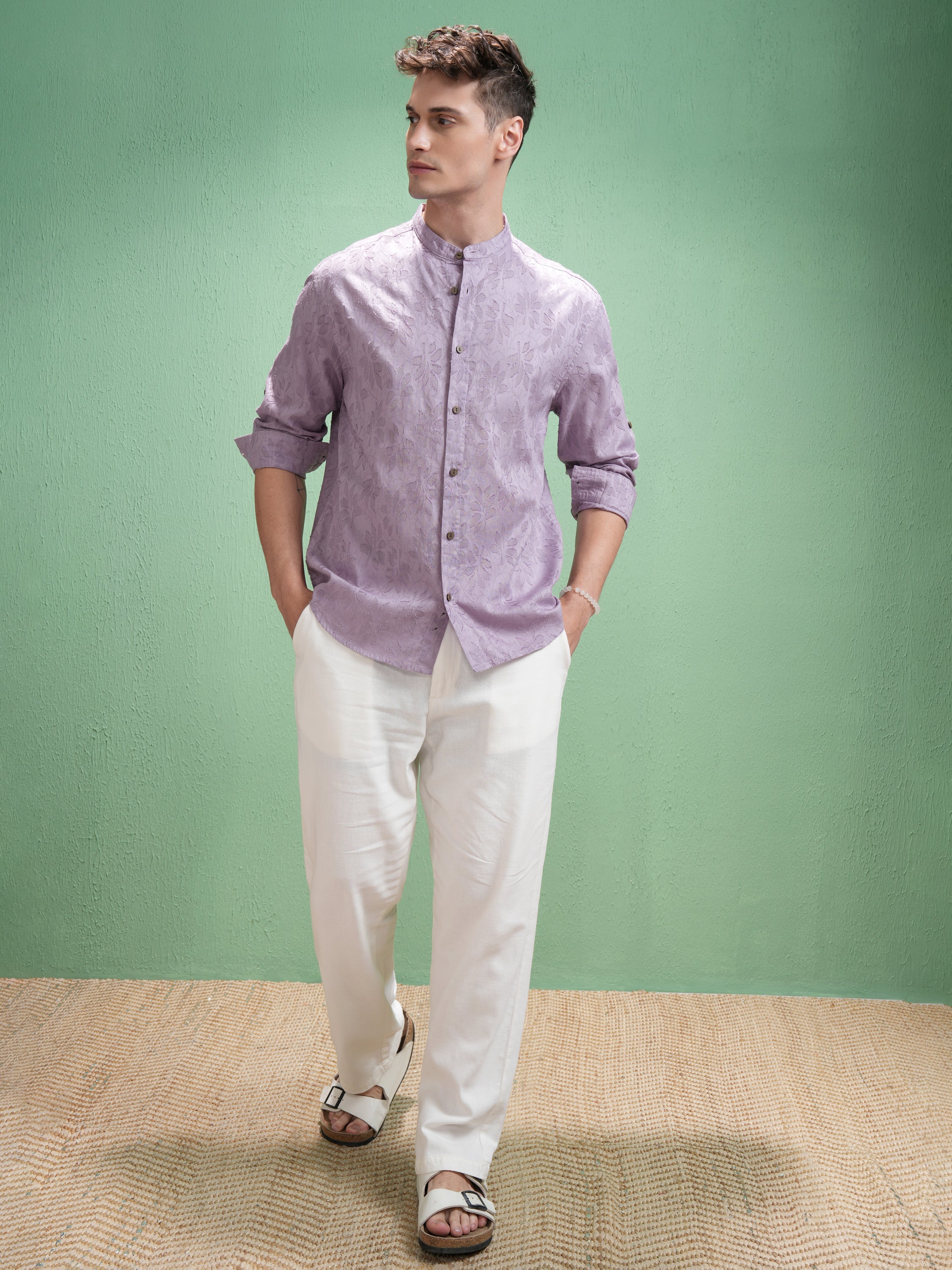 Highlander Men Lavender Self Design Relaxed Fit Casual Shirt - Lavender - Image 2