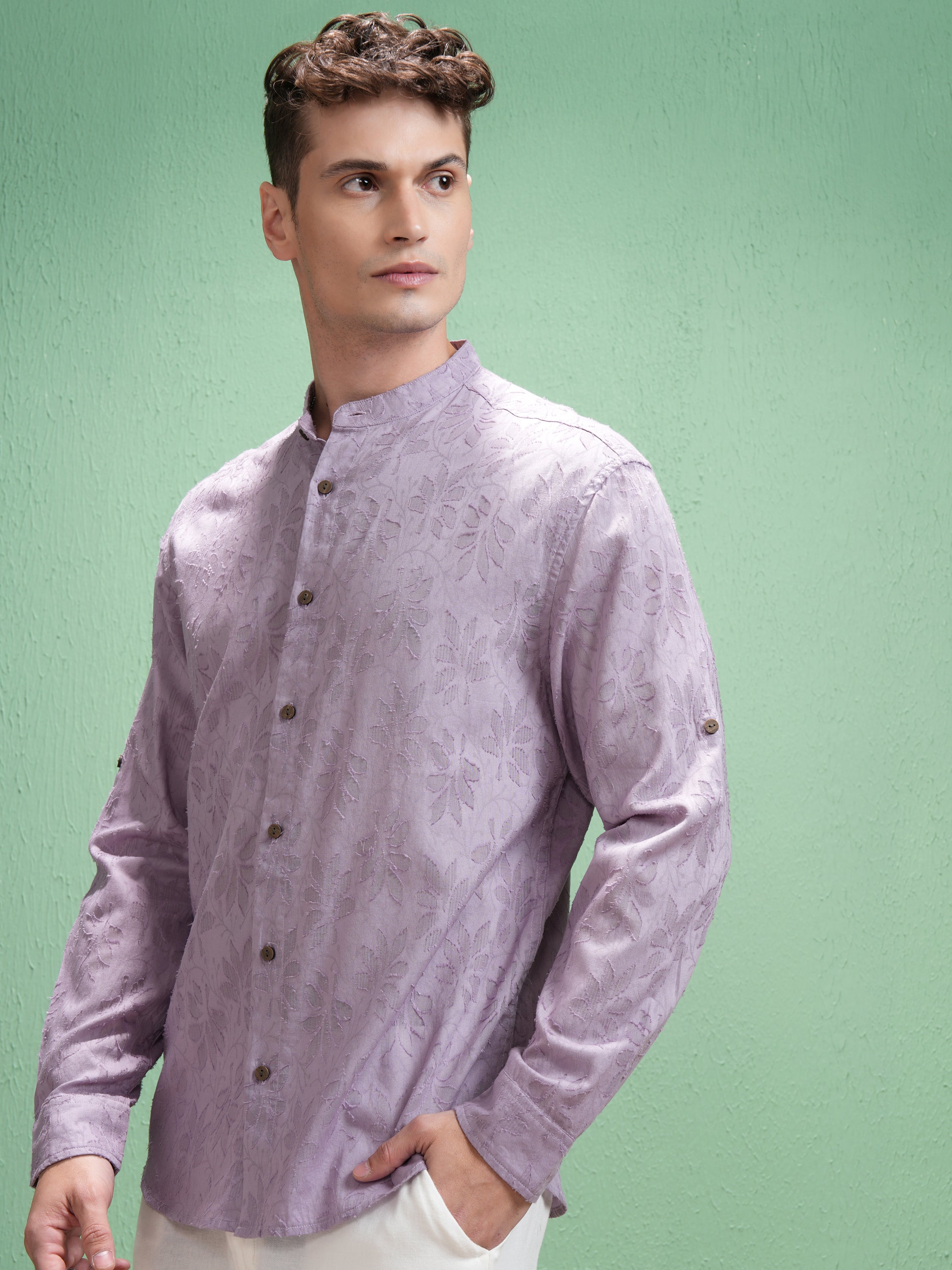 Highlander Men Lavender Self Design Relaxed Fit Casual Shirt - Lavender - Image 4