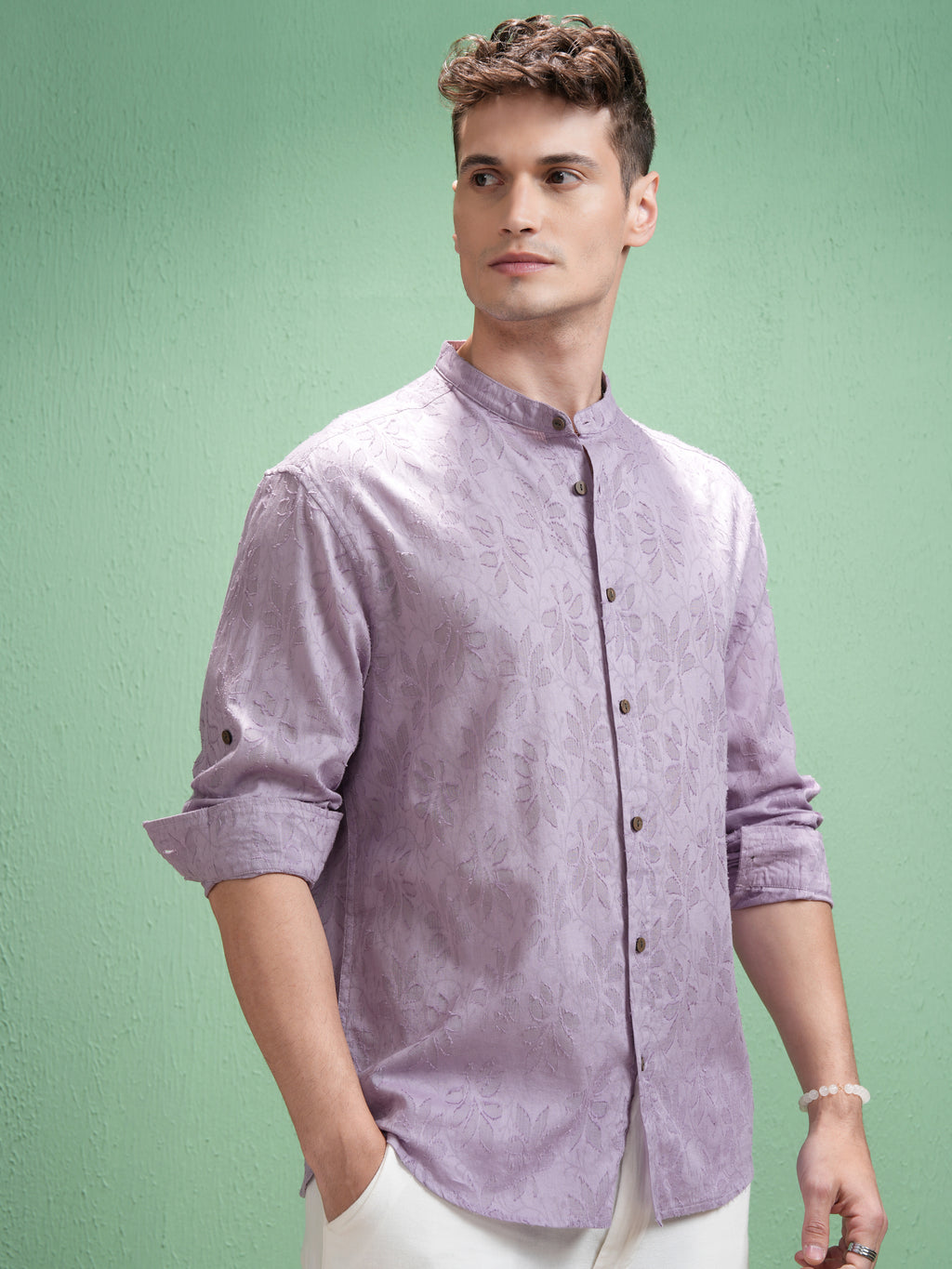 Highlander Men Lavender Self Design Relaxed Fit Casual Shirt - Lavender - Image 6