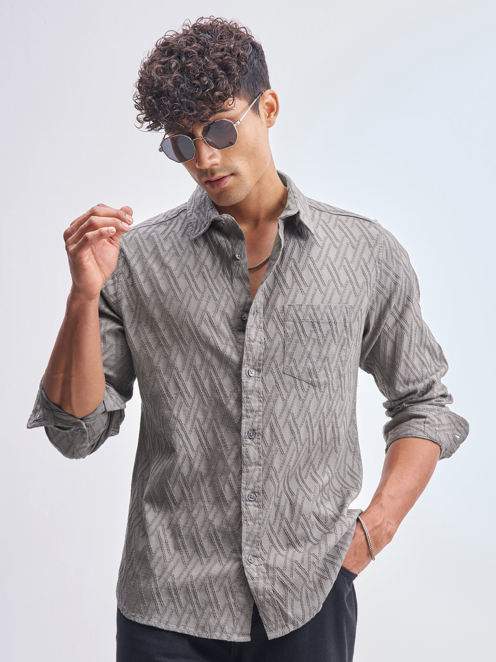 Highlander Men Grey Self Design Slim Fit Casual Shirt - Grey - Image 1