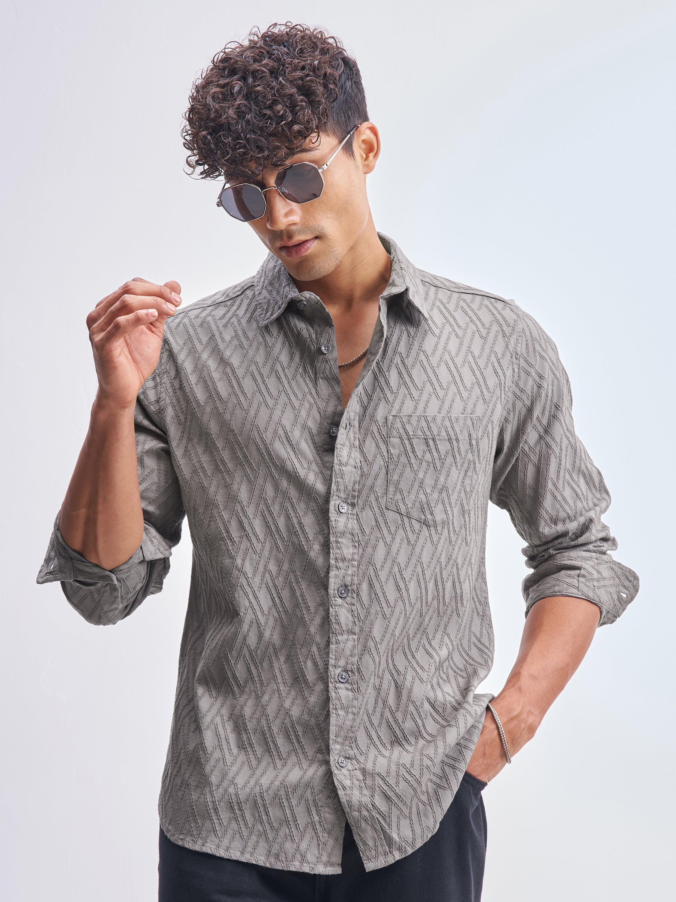 Highlander Men Grey Self Design Slim Fit Casual Shirt - Grey - Image 1