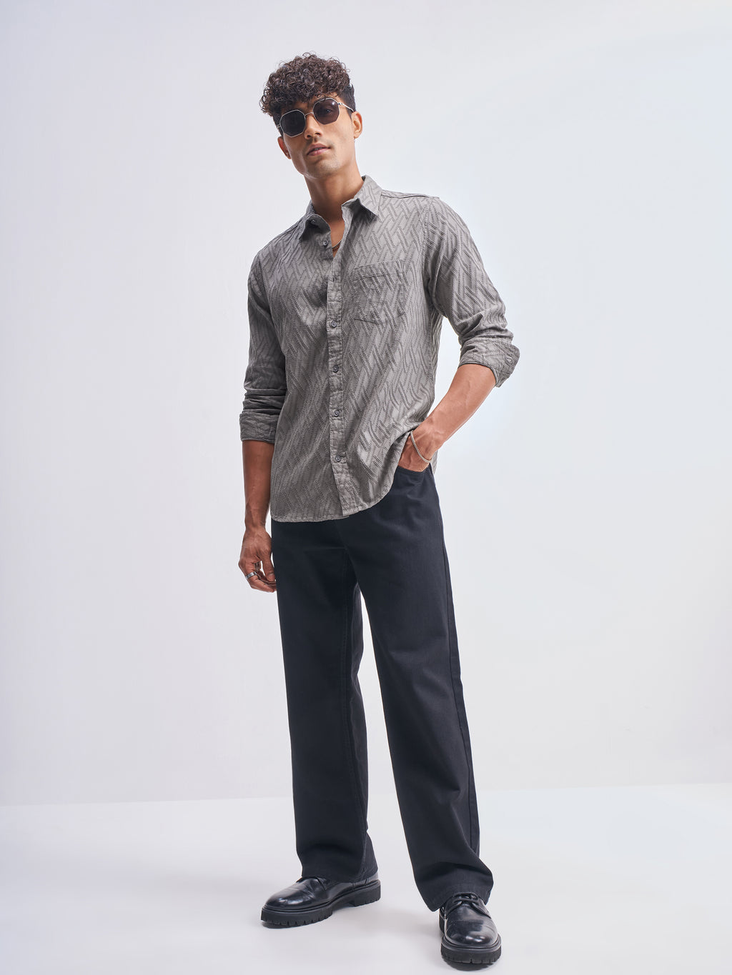 Highlander Men Grey Self Design Slim Fit Casual Shirt - Grey - Image 2
