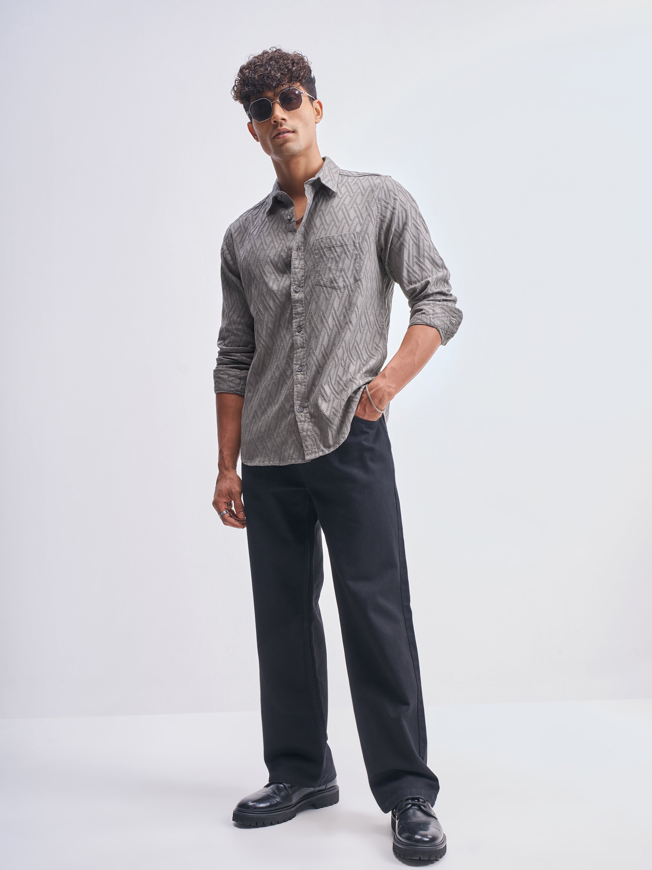 Highlander Men Grey Self Design Slim Fit Casual Shirt - Grey - Image 2