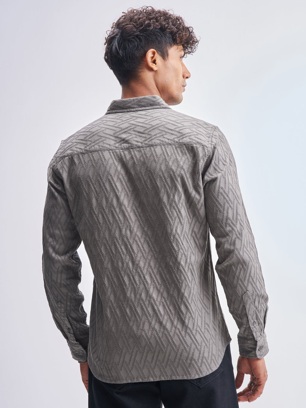 Highlander Men Grey Self Design Slim Fit Casual Shirt - Grey - Image 3