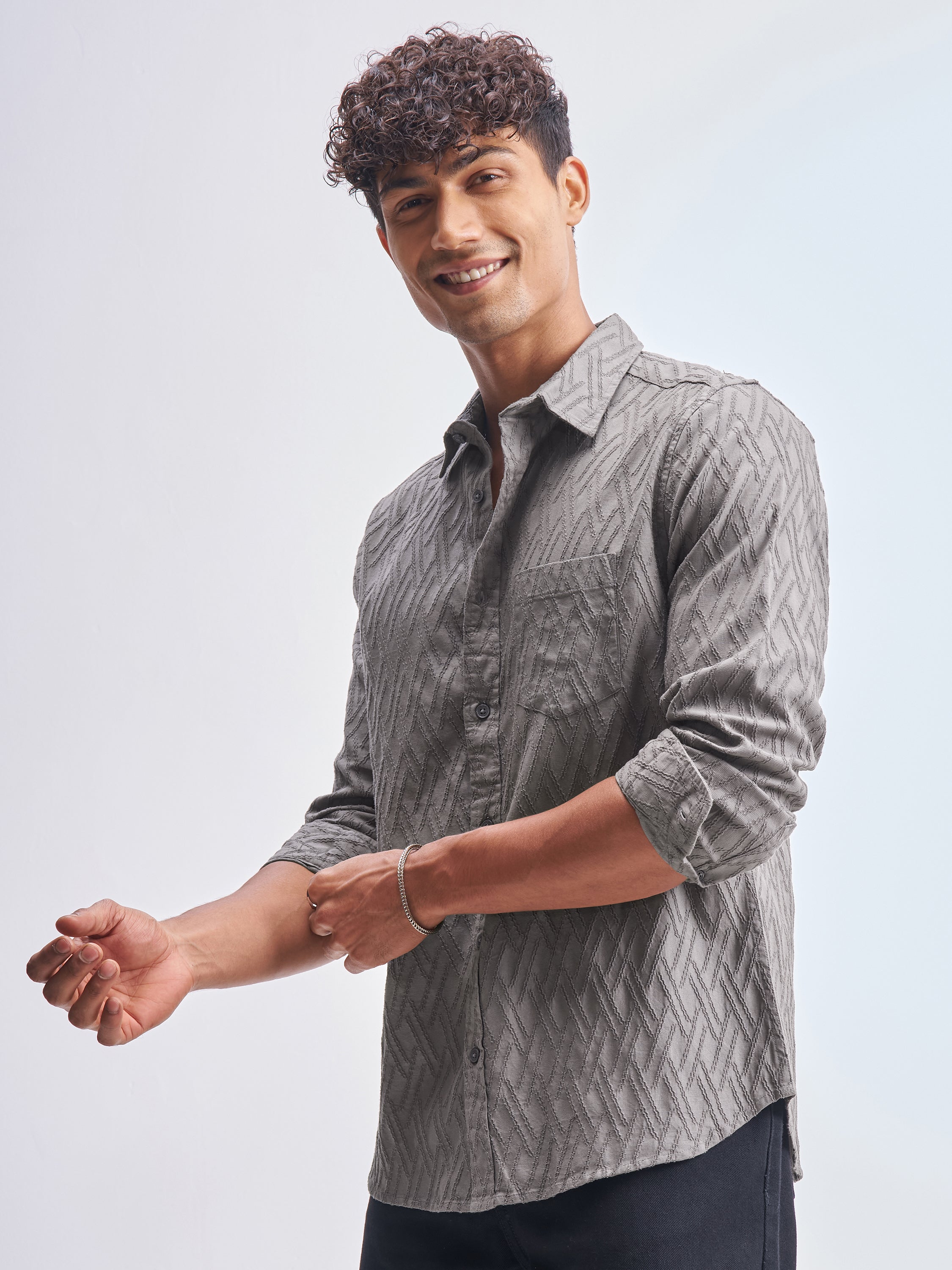 Highlander Men Grey Self Design Slim Fit Casual Shirt - Grey - Image 4