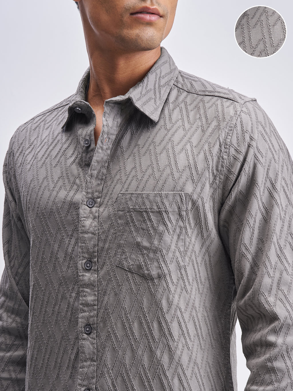 Highlander Men Grey Self Design Slim Fit Casual Shirt - Grey - Image 5