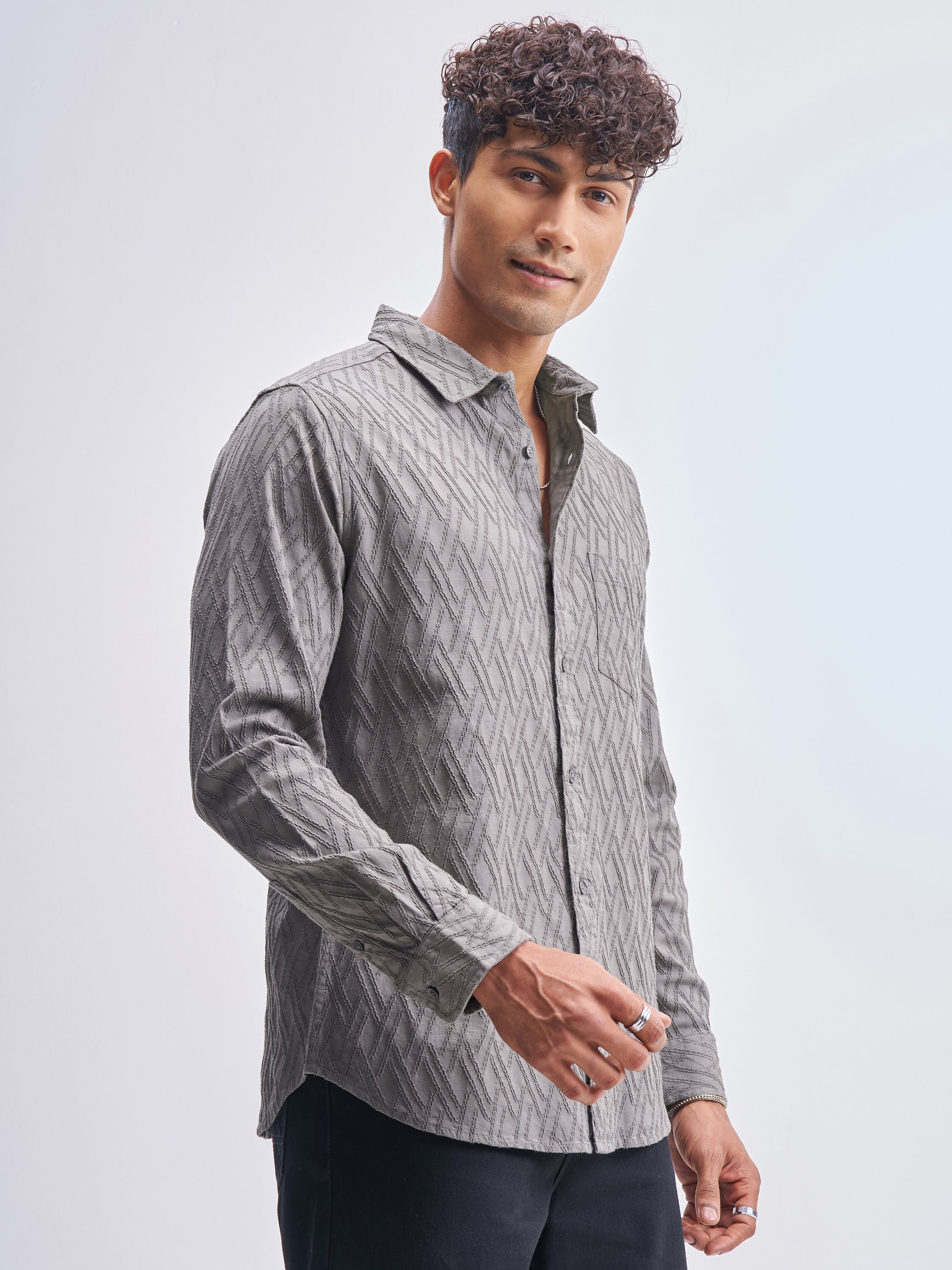 Highlander Men Grey Self Design Slim Fit Casual Shirt - Grey - Image 6
