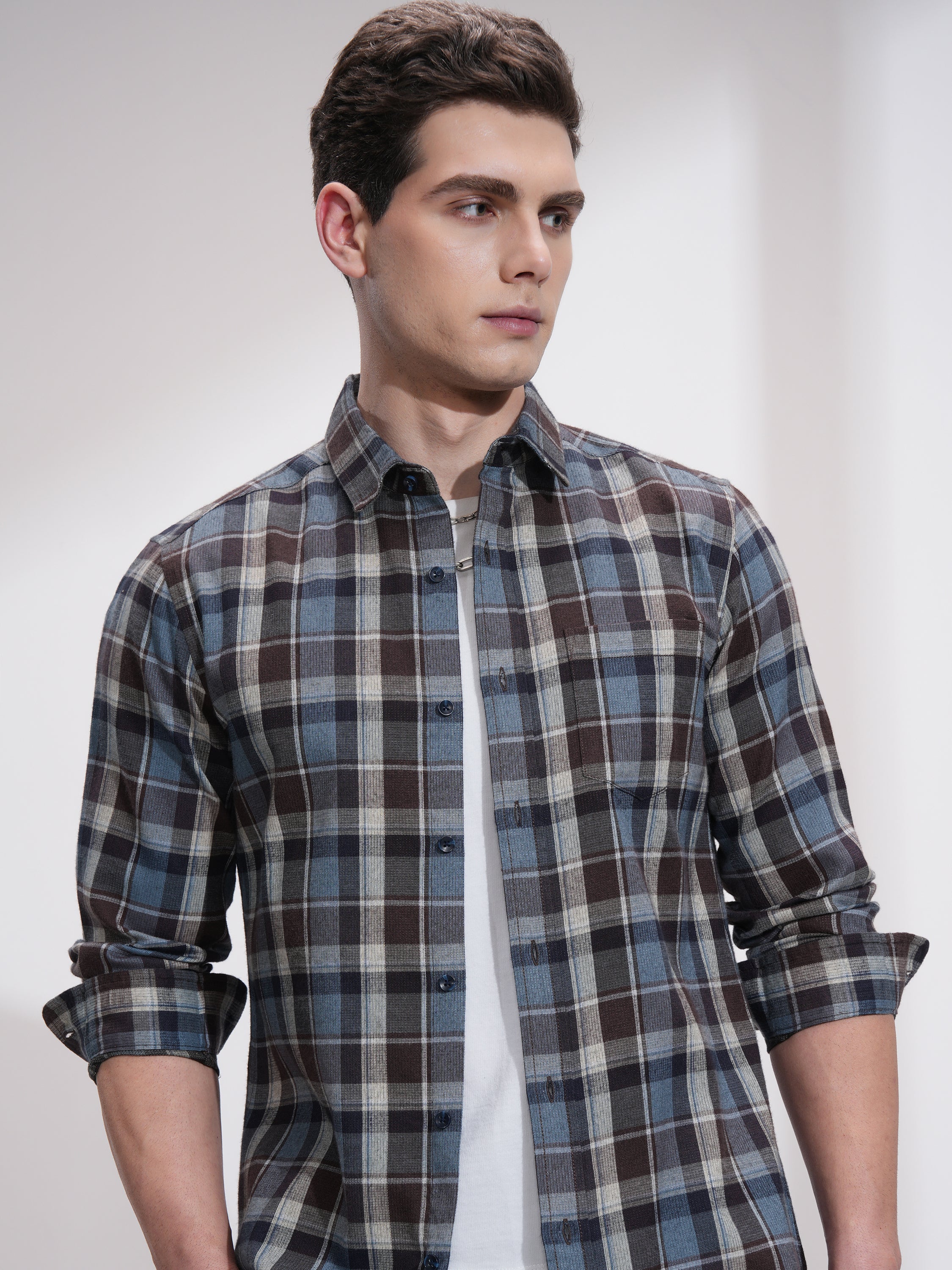 Highlander Men Blue Checked Slim Fit Casual Shirt - Blue - Image 1