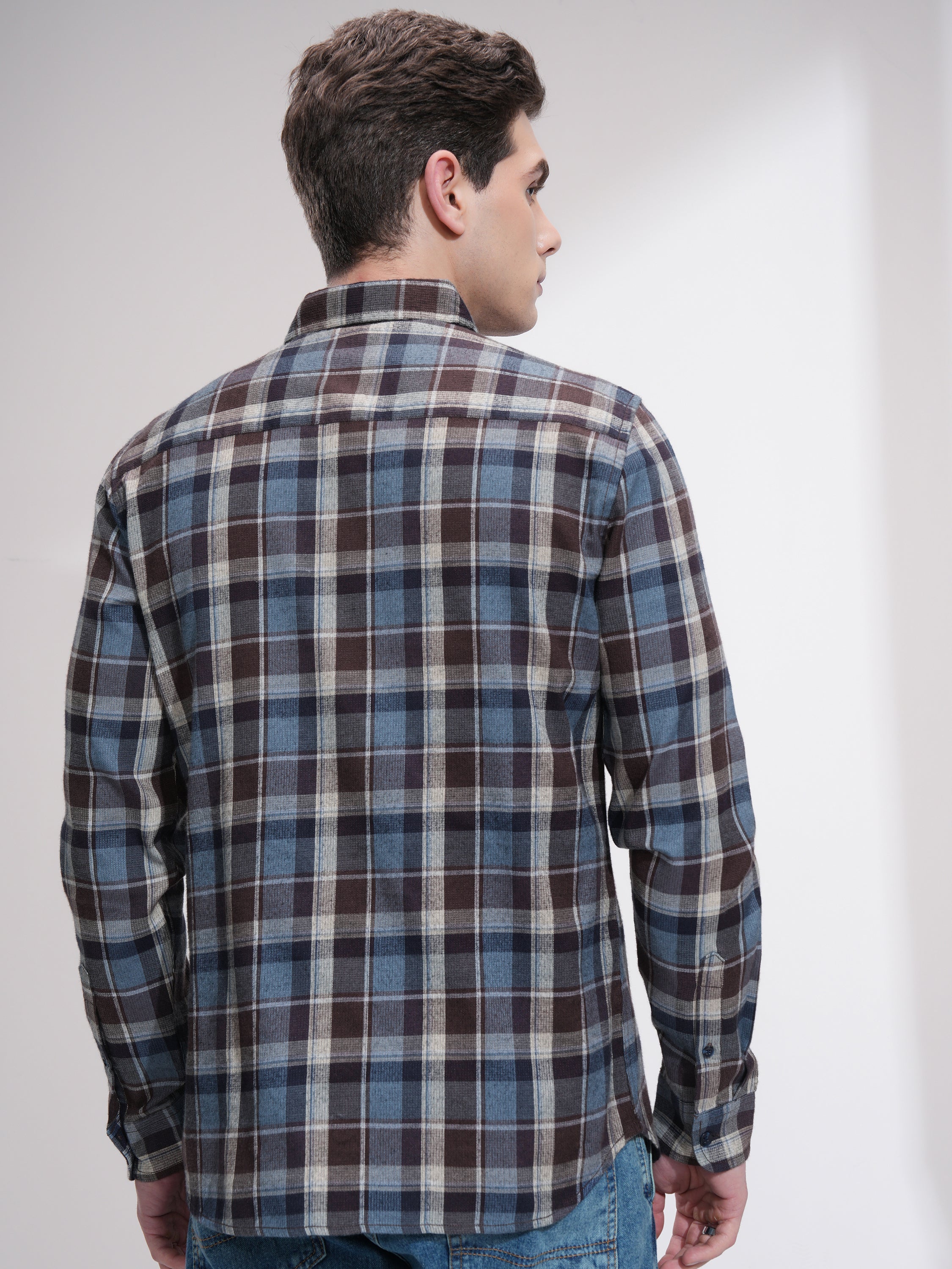 Highlander Men Blue Checked Slim Fit Casual Shirt - Blue - Image 3