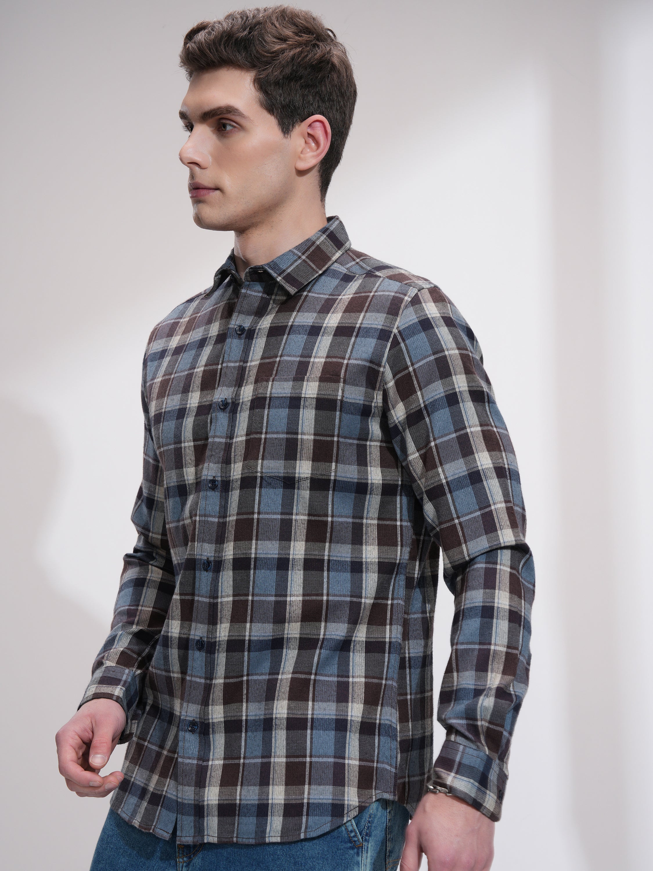 Highlander Men Blue Checked Slim Fit Casual Shirt - Blue - Image 4