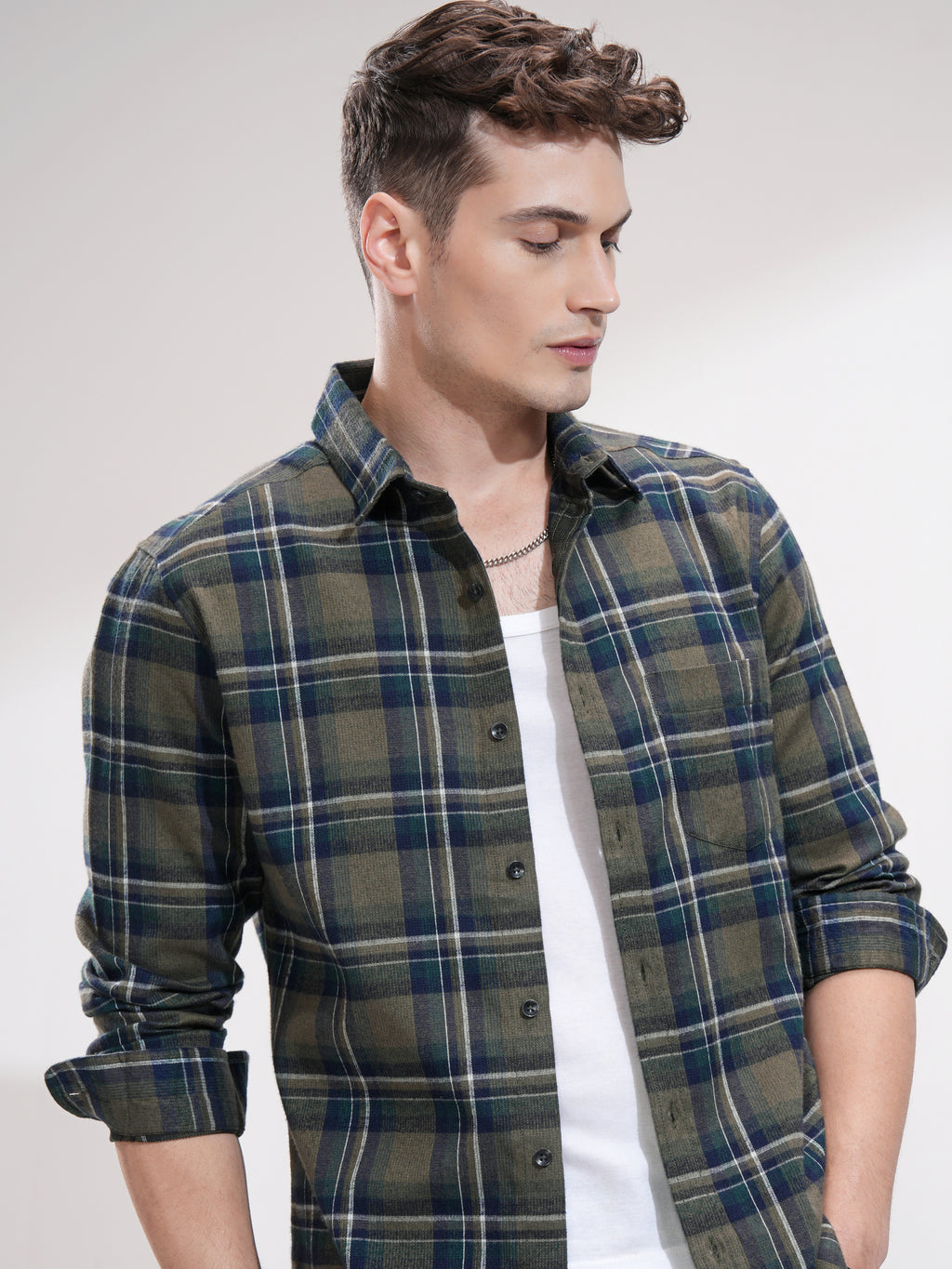 Highlander Men Olive Checked Slim Fit Casual Shirt - Olive - Image 1