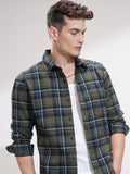 Highlander Men Olive Checked Slim Fit Casual Shirt - Olive - Image 1