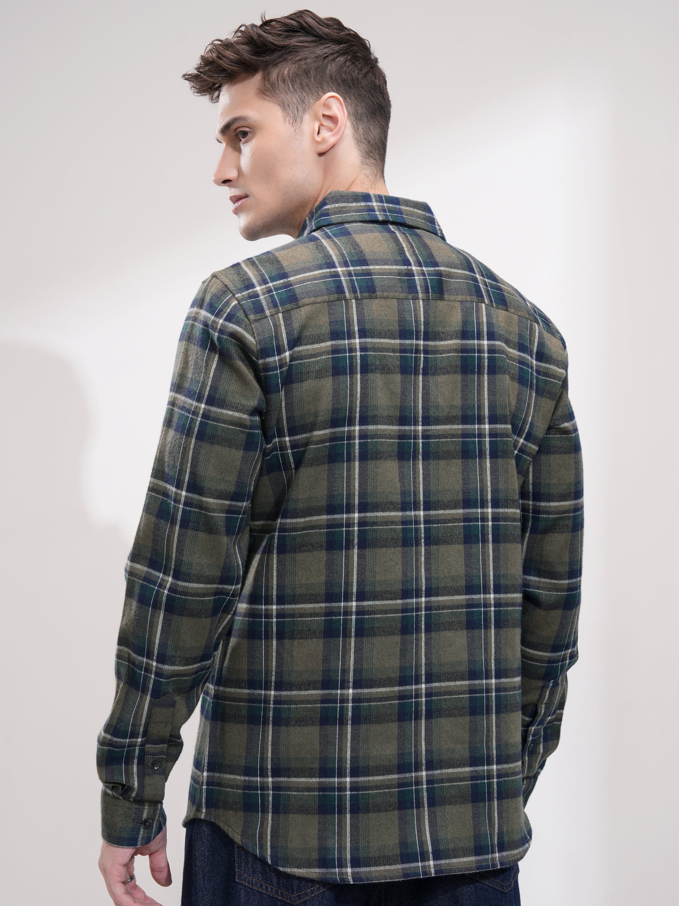 Highlander Men Olive Checked Slim Fit Casual Shirt - Olive - Image 3