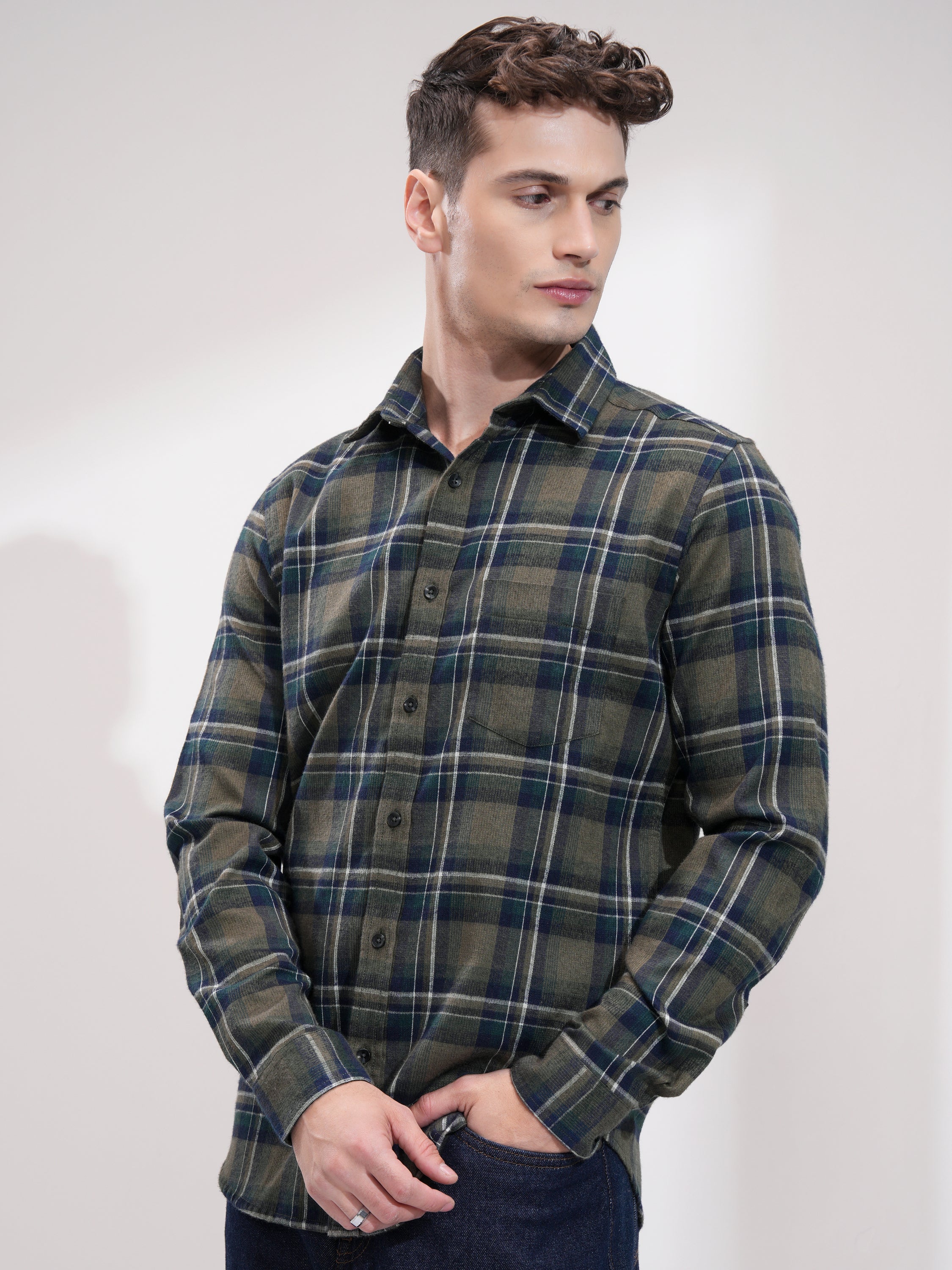 Highlander Men Olive Checked Slim Fit Casual Shirt - Olive - Image 4