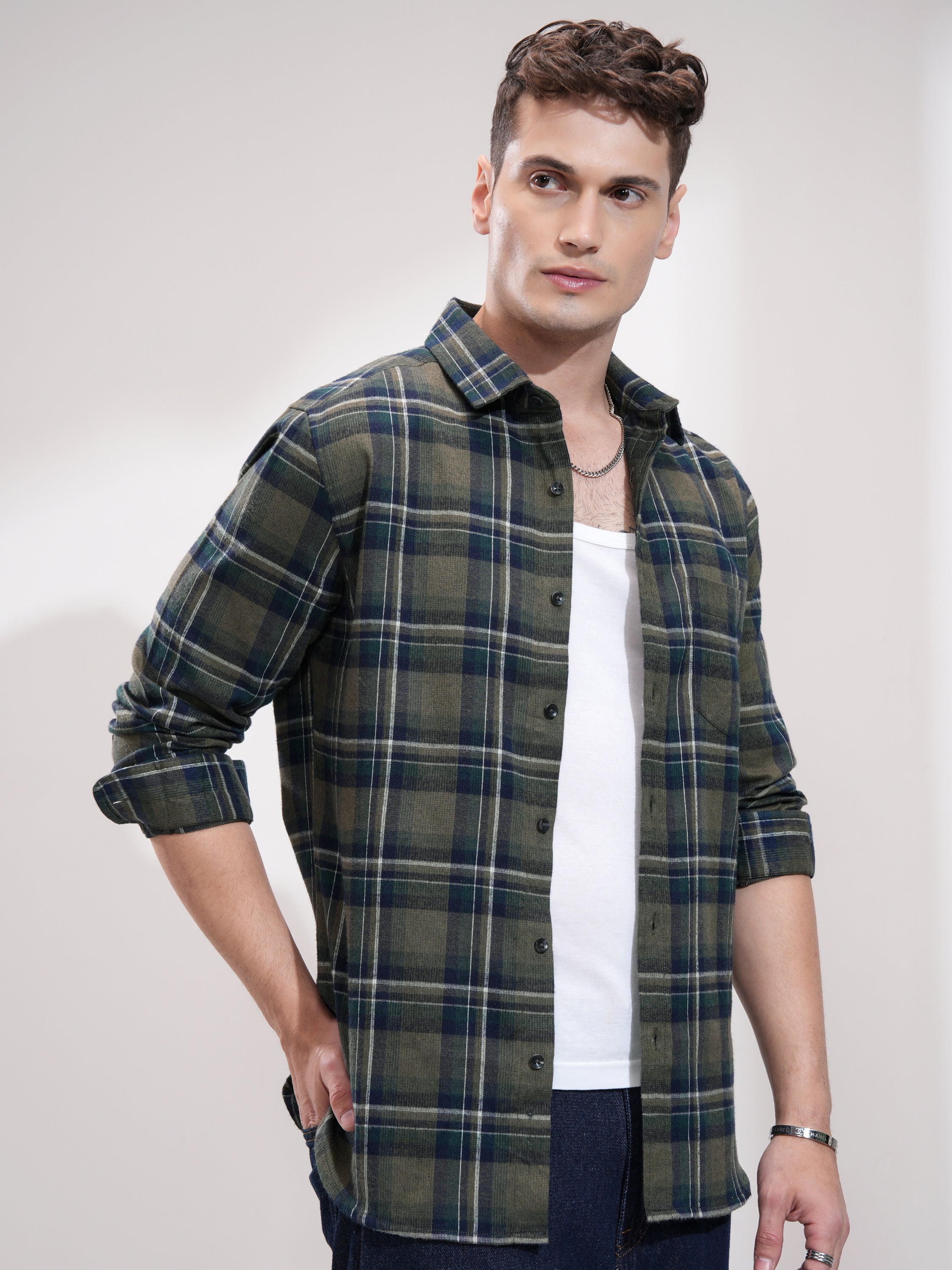Highlander Men Olive Checked Slim Fit Casual Shirt - Olive - Image 6