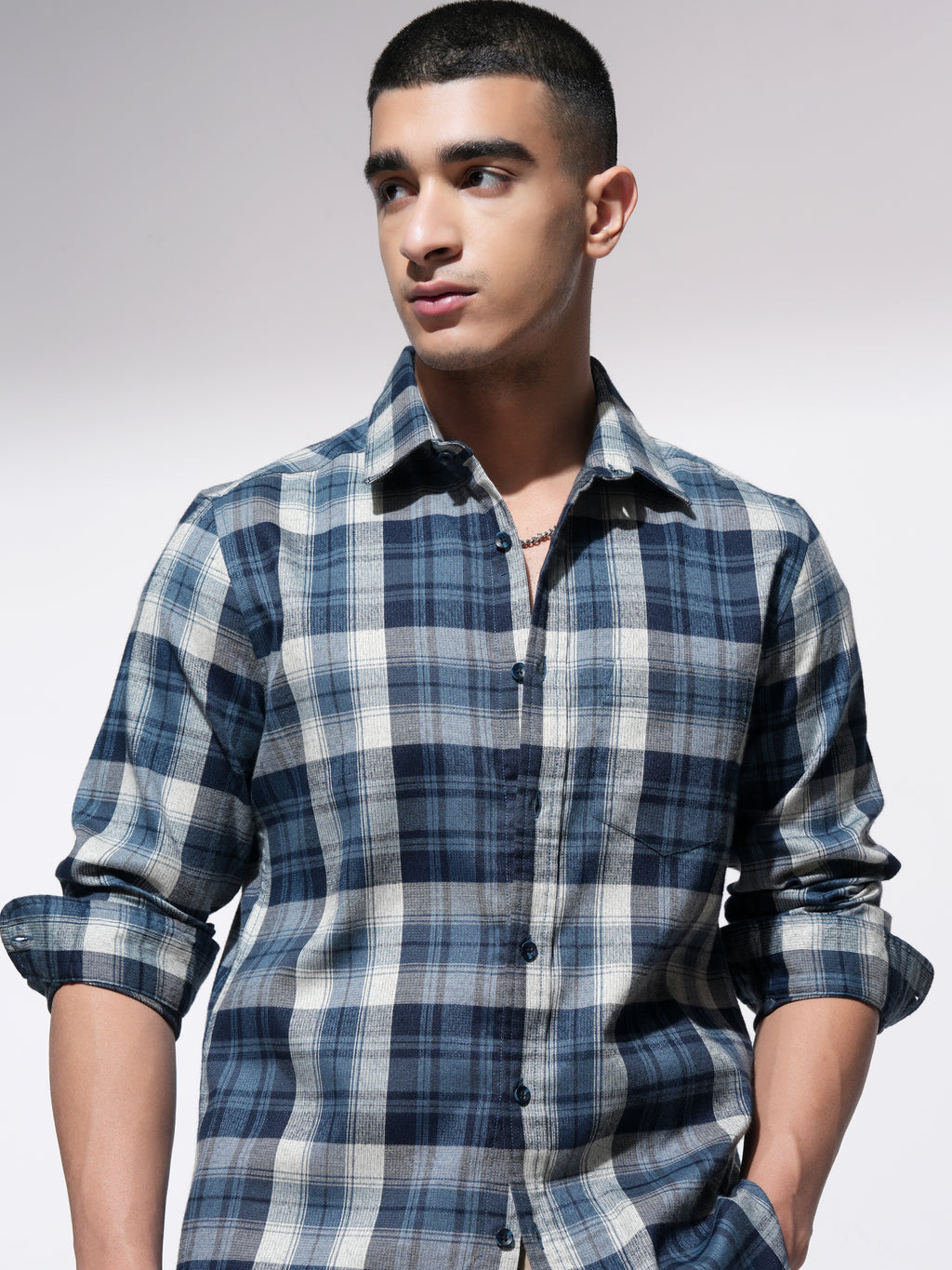 Highlander Men Blue Checked Slim Fit Casual Shirt - Blue - Image 1