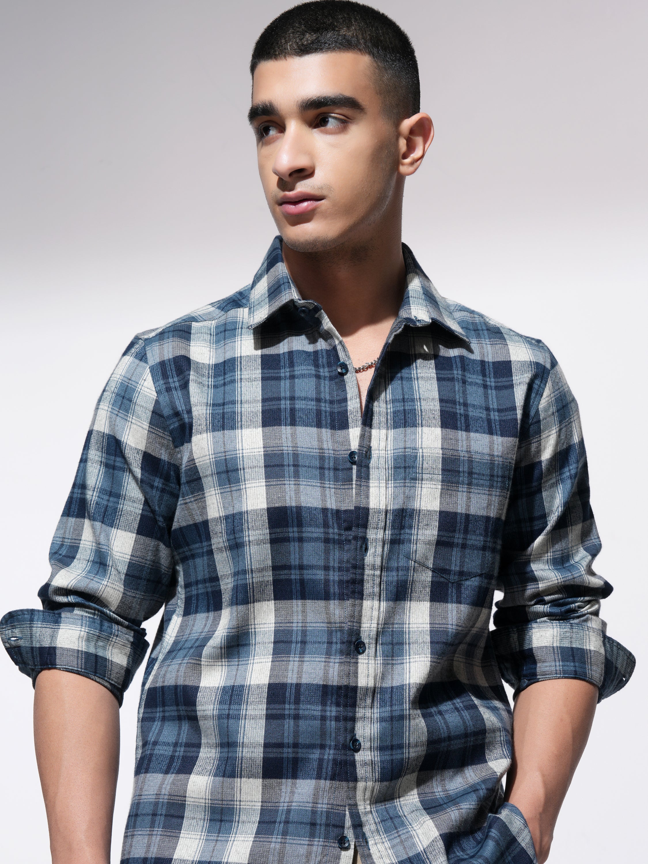 Highlander Men Blue Checked Slim Fit Casual Shirt - Blue - Image 1