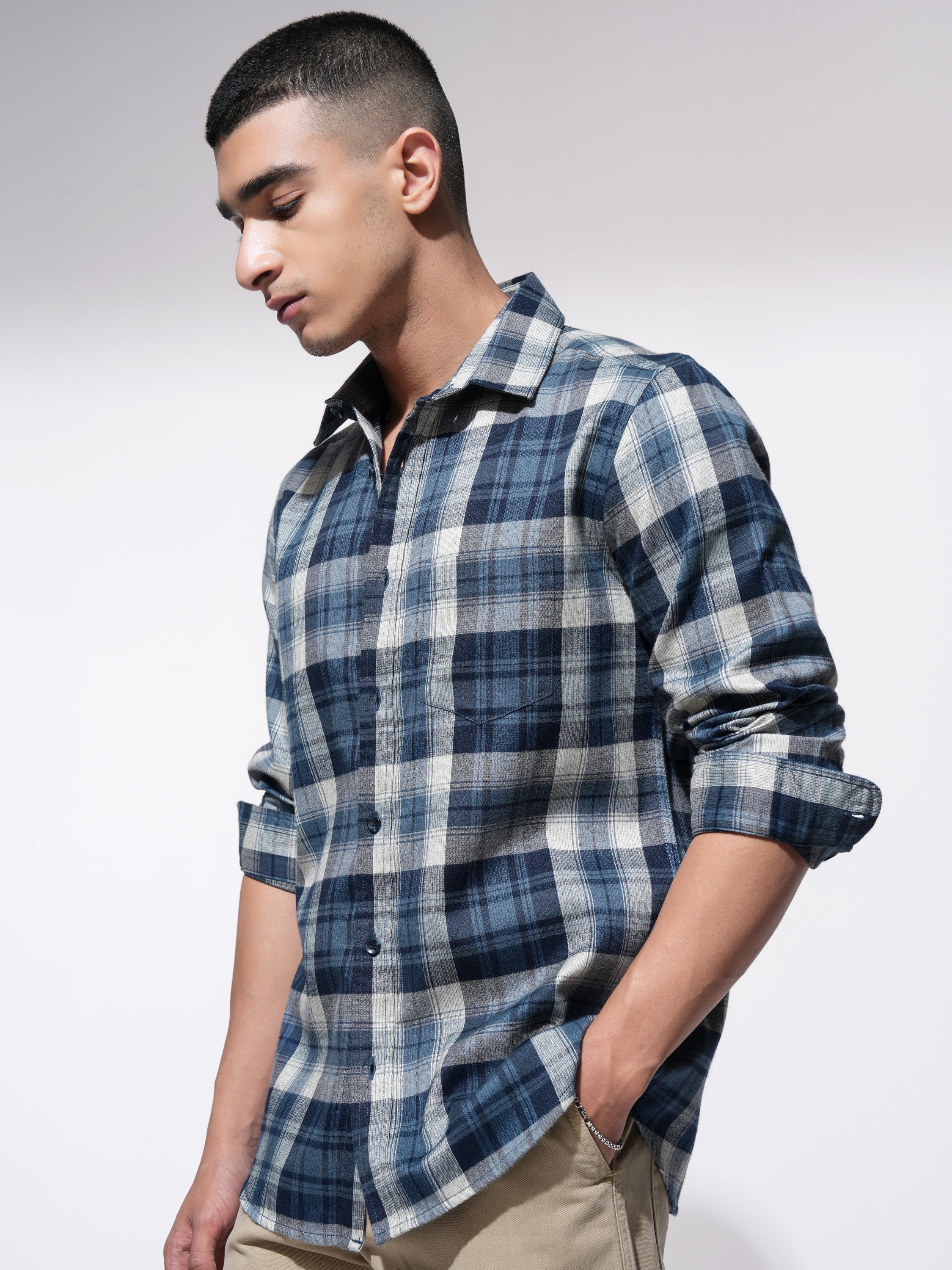 Highlander Men Blue Checked Slim Fit Casual Shirt - Blue - Image 4