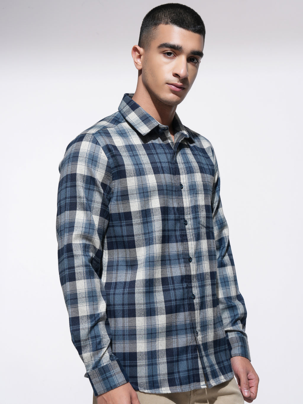 Highlander Men Blue Checked Slim Fit Casual Shirt - Blue - Image 6