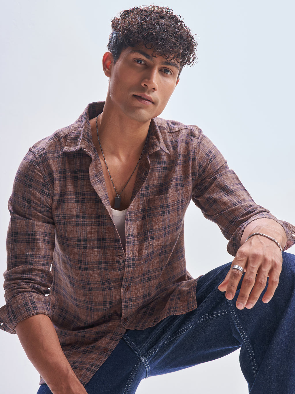 Highlander Men Rust Checked Slim Fit Casual Shirt - Rust - Image 1