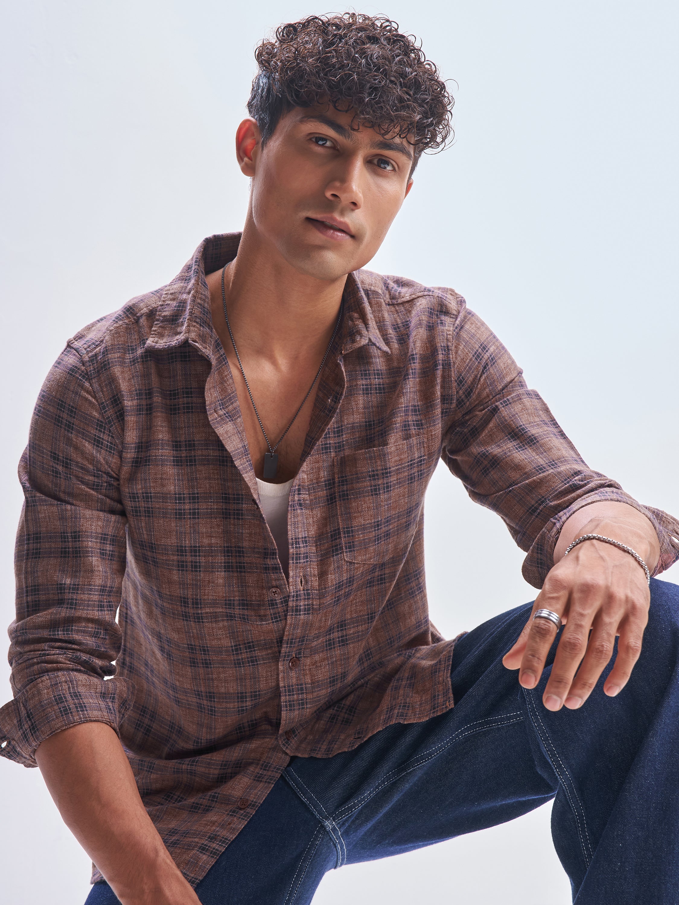 Highlander Men Rust Checked Slim Fit Casual Shirt - Rust - Image 1