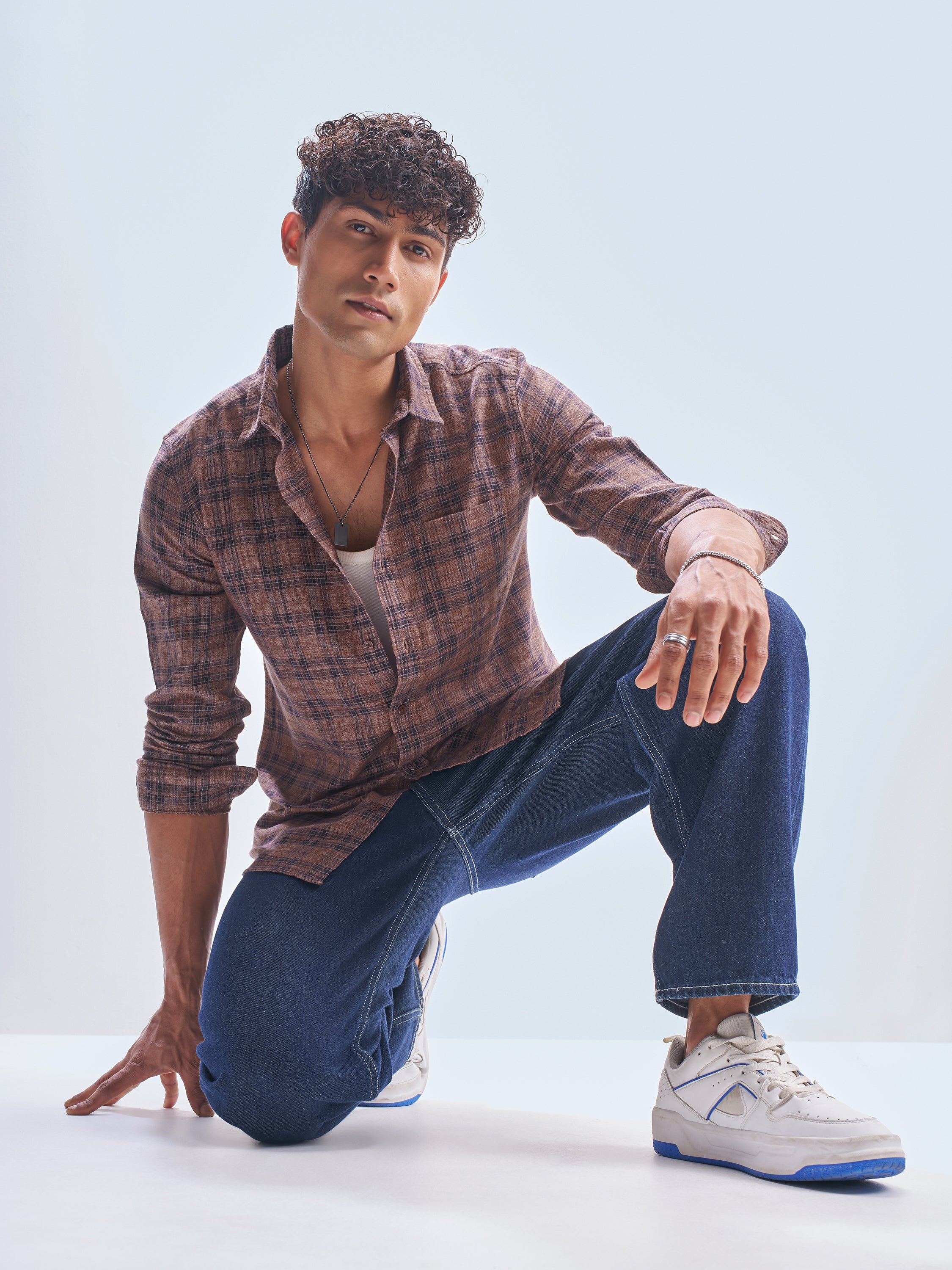 Highlander Men Rust Checked Slim Fit Casual Shirt - Rust - Image 2