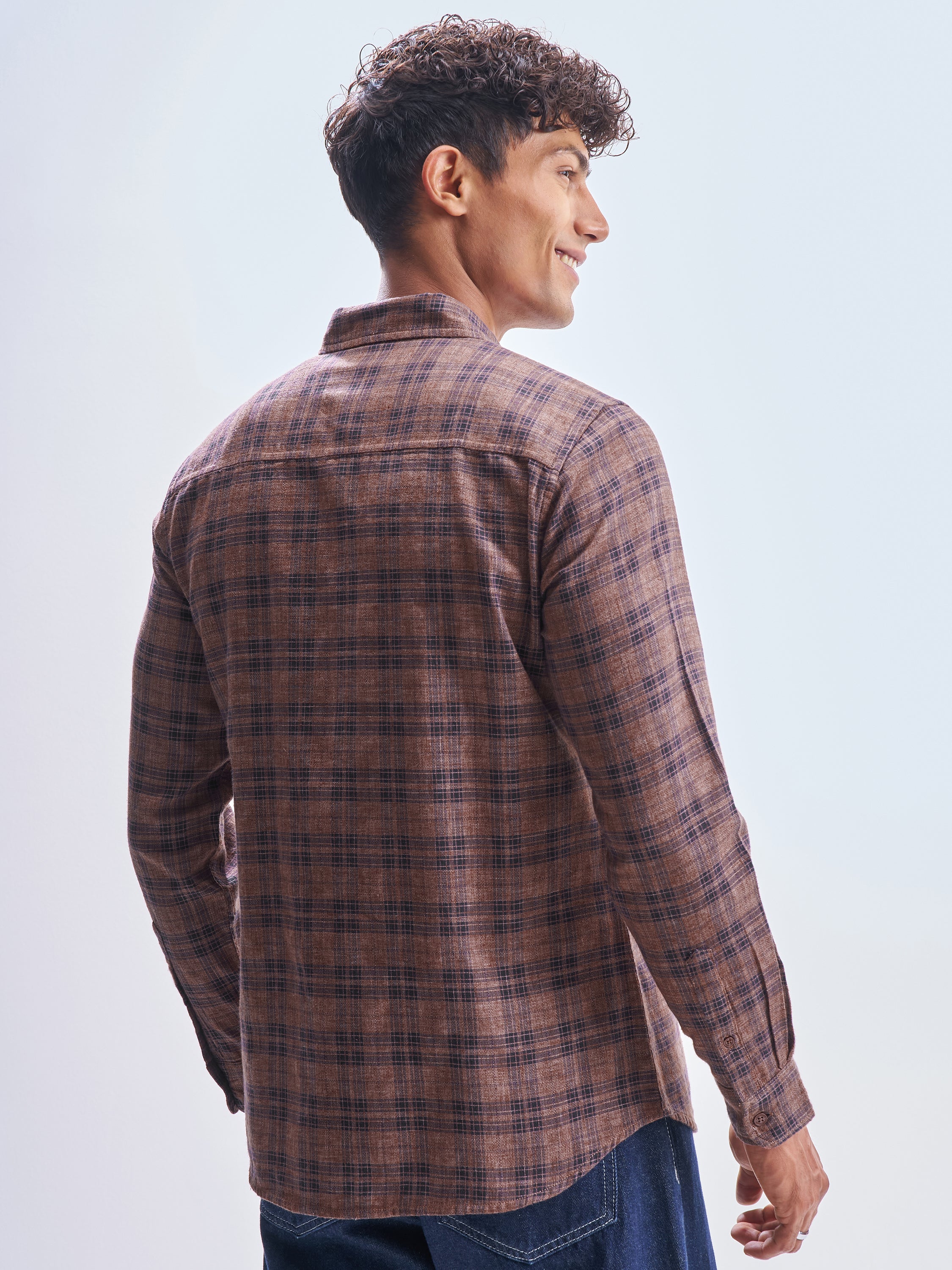 Highlander Men Rust Checked Slim Fit Casual Shirt - Rust - Image 3