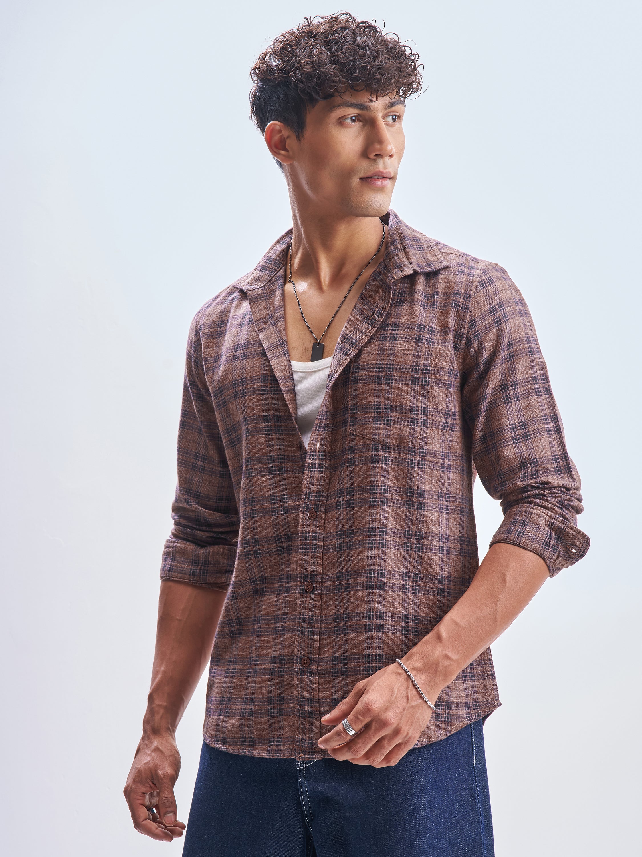 Highlander Men Rust Checked Slim Fit Casual Shirt - Rust - Image 4