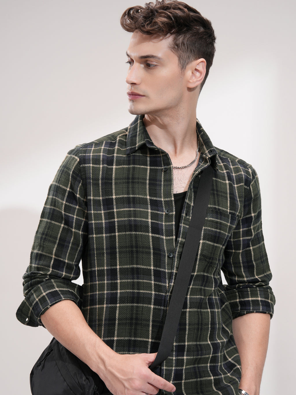 Highlander Men Olive Checked Slim Fit Casual Shirt - Olive - Image 1