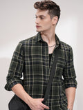 Highlander Men Olive Checked Slim Fit Casual Shirt - Olive - Image 1