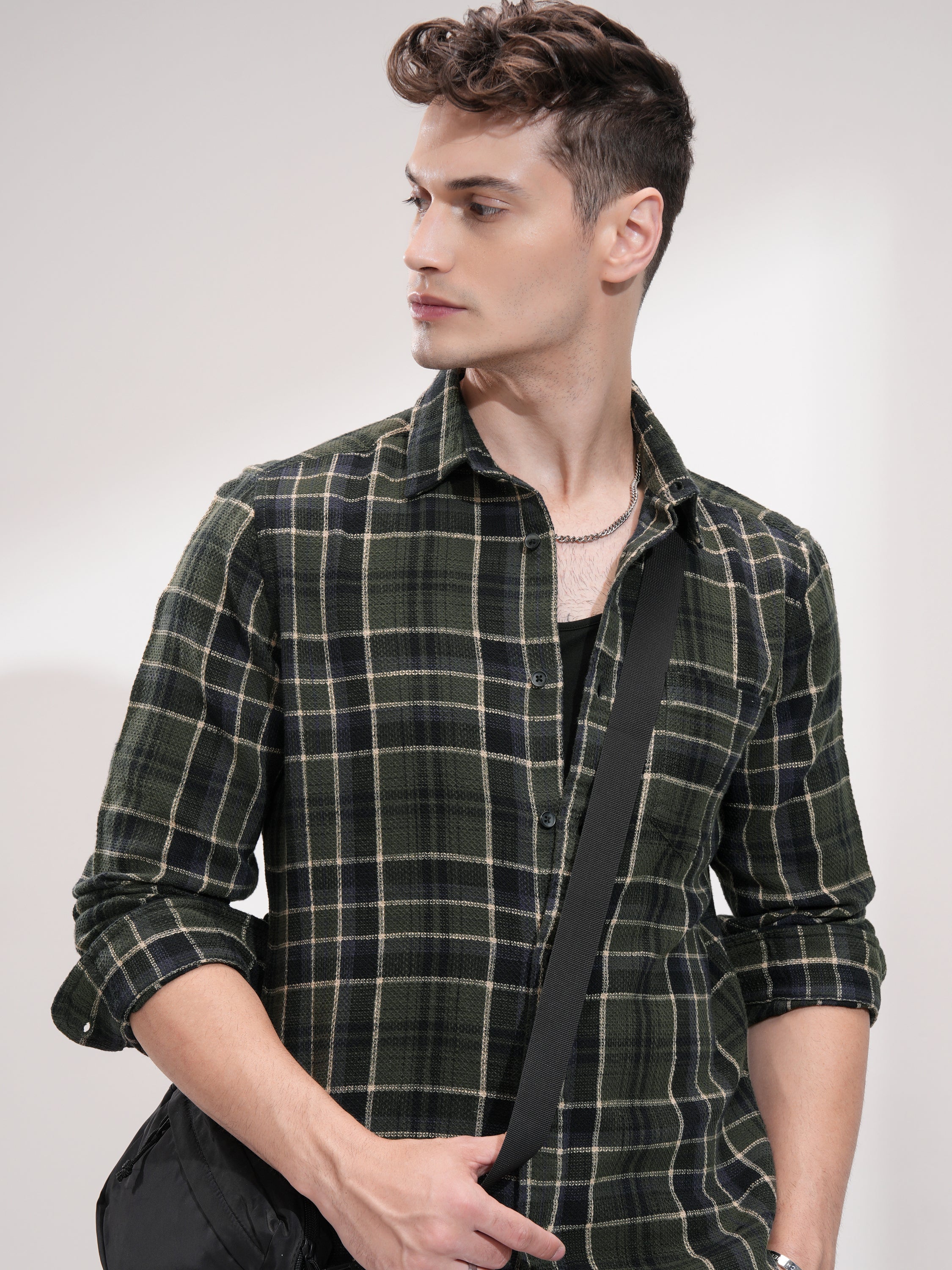 Highlander Men Olive Checked Slim Fit Casual Shirt - Olive - Image 1