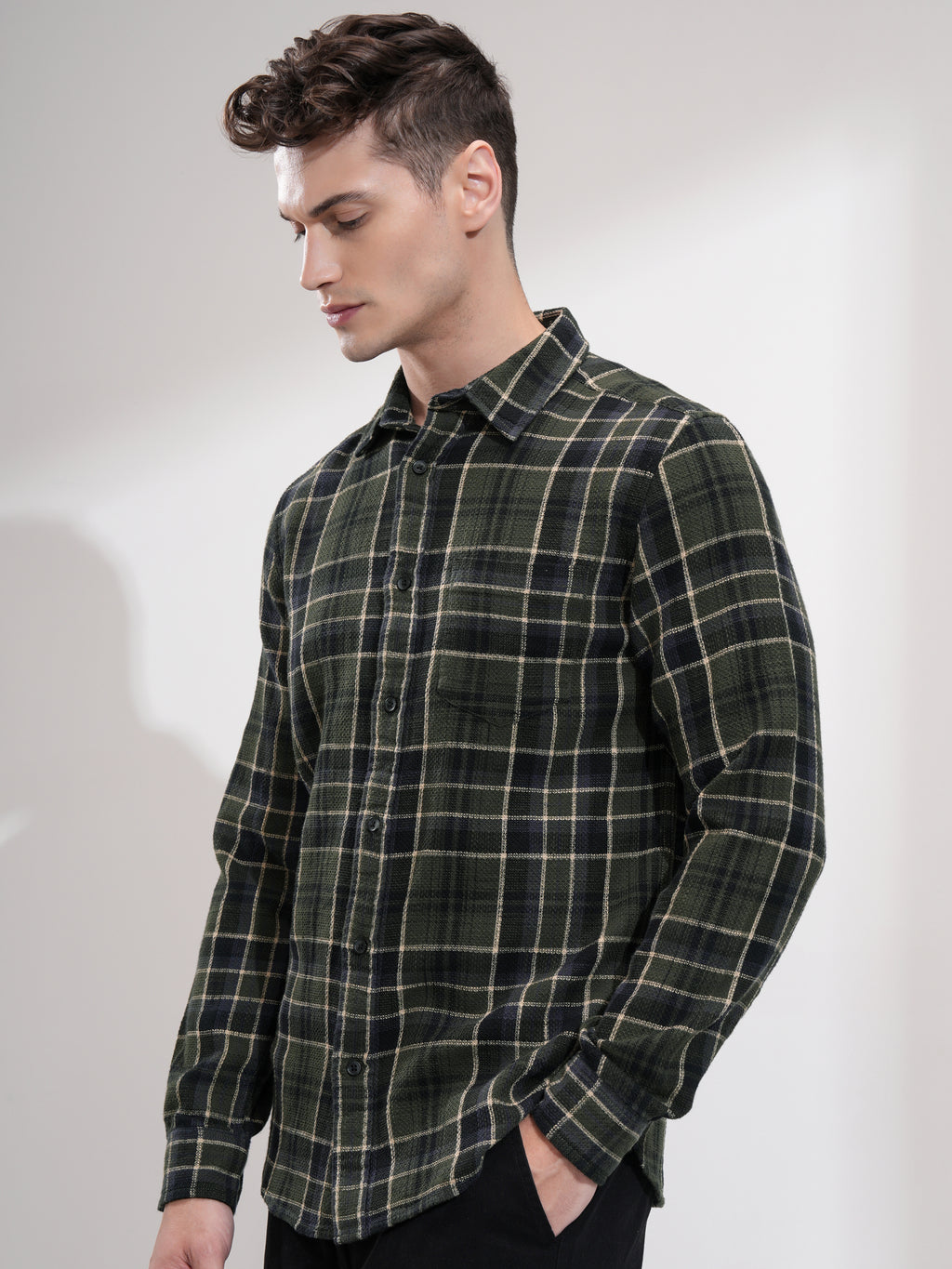 Highlander Men Olive Checked Slim Fit Casual Shirt - Olive - Image 4