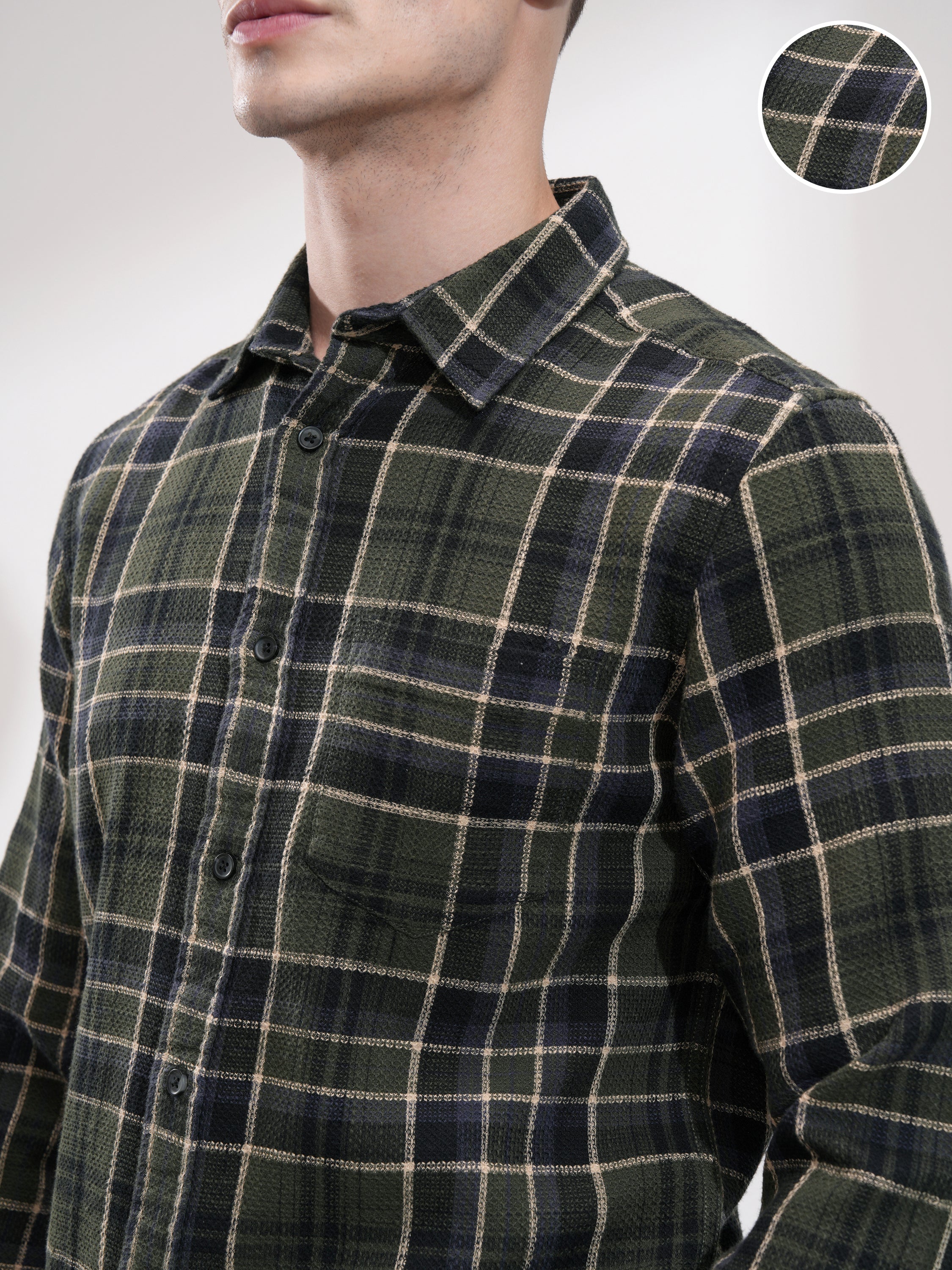Highlander Men Olive Checked Slim Fit Casual Shirt - Olive - Image 5
