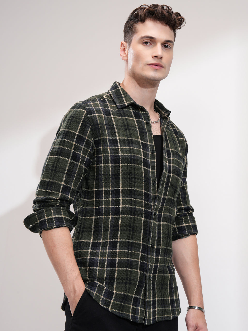 Highlander Men Olive Checked Slim Fit Casual Shirt - Olive - Image 6
